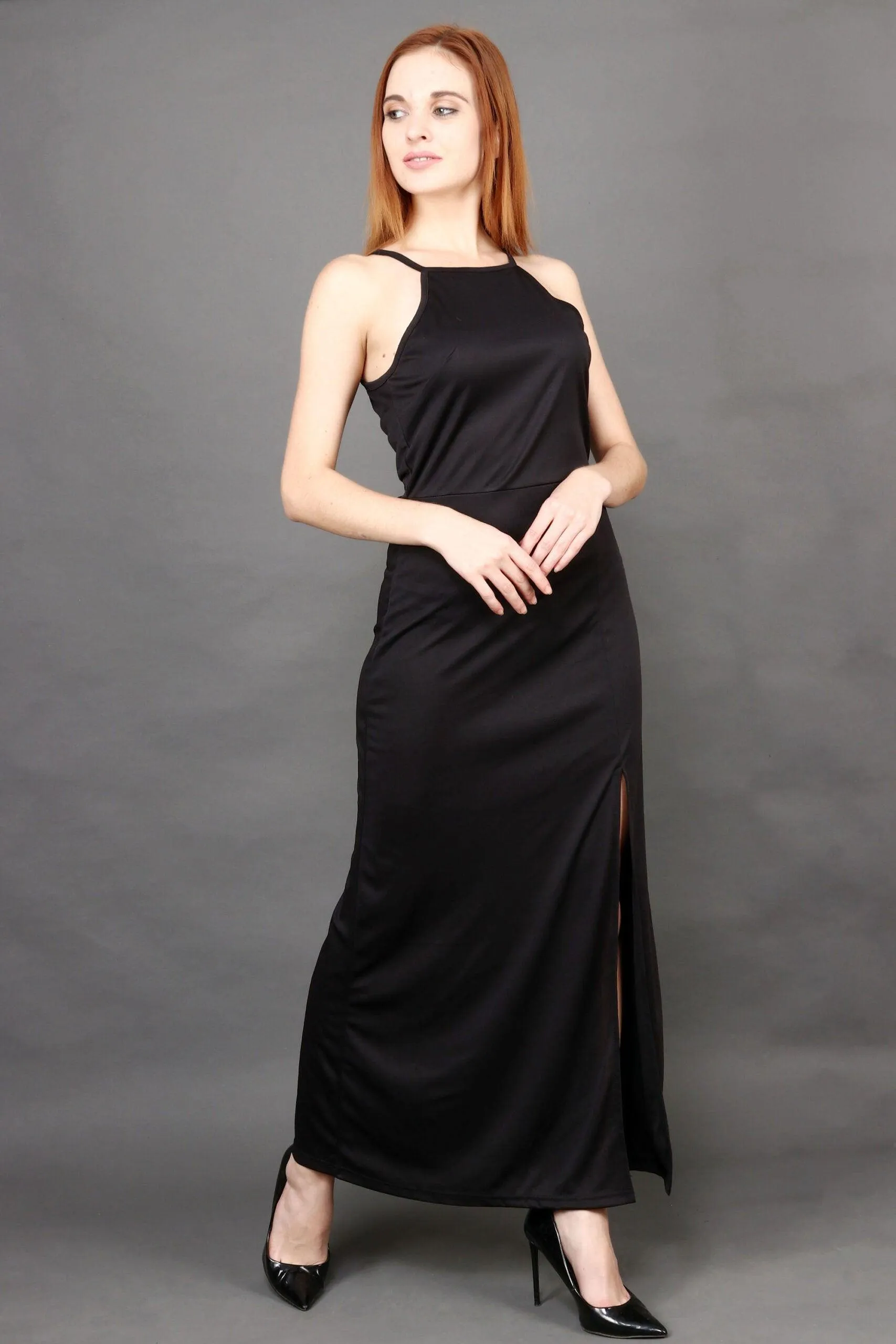 Black Solid Maxi Dress with Slit