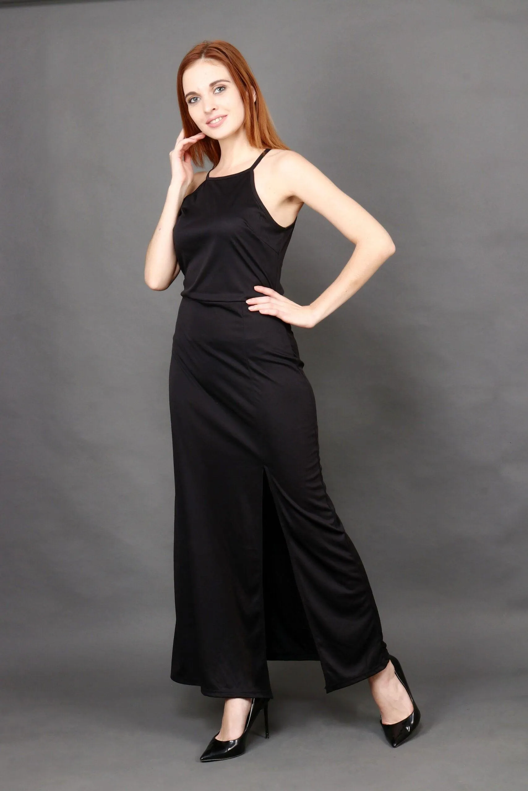 Black Solid Maxi Dress with Slit