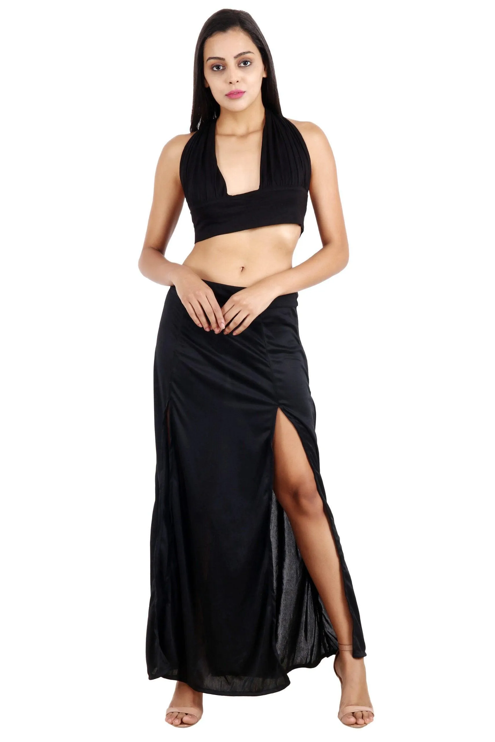 Black Solid Multiway Crop Top with Slit Skirt