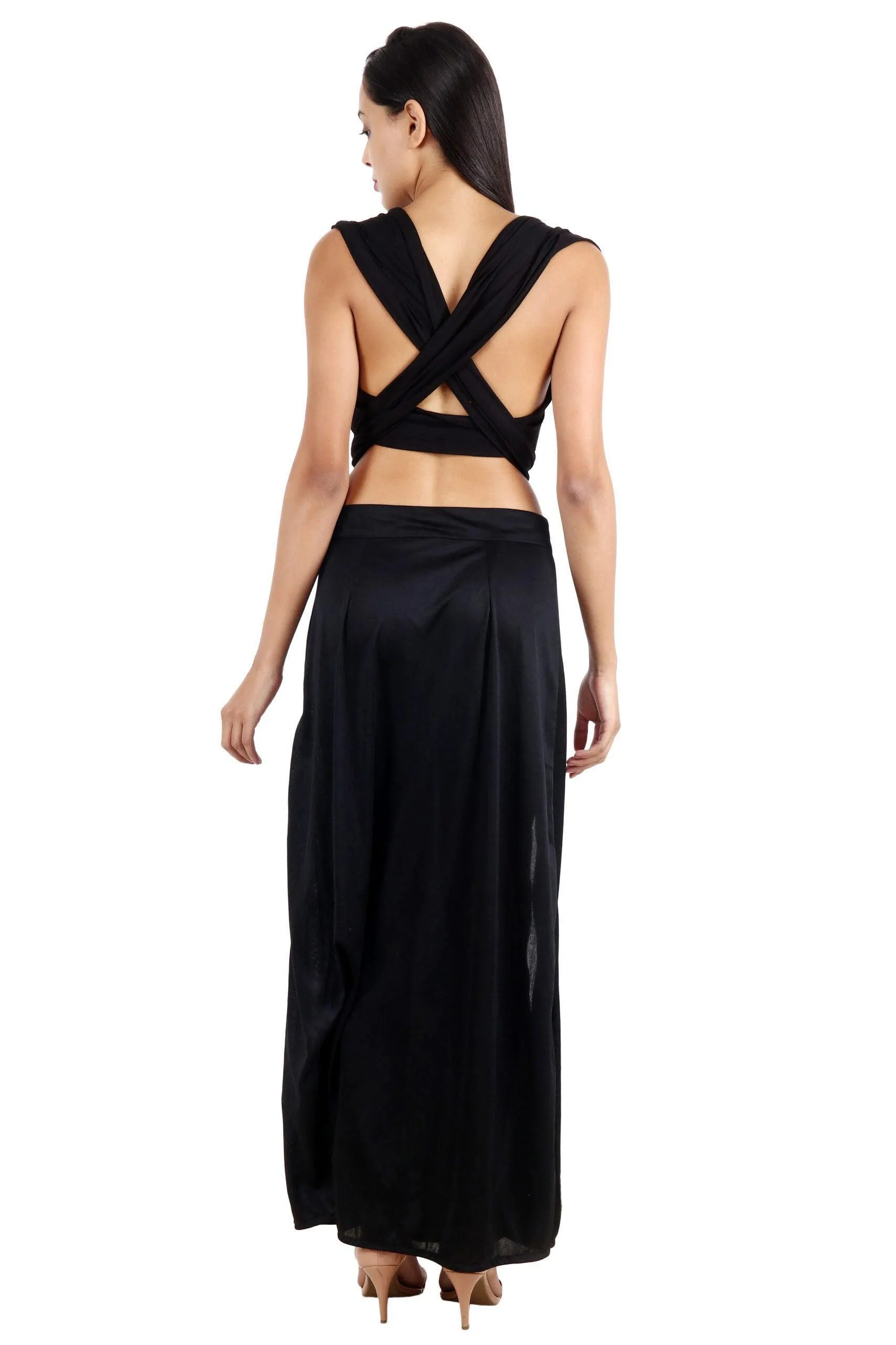 Black Solid Multiway Crop Top with Slit Skirt