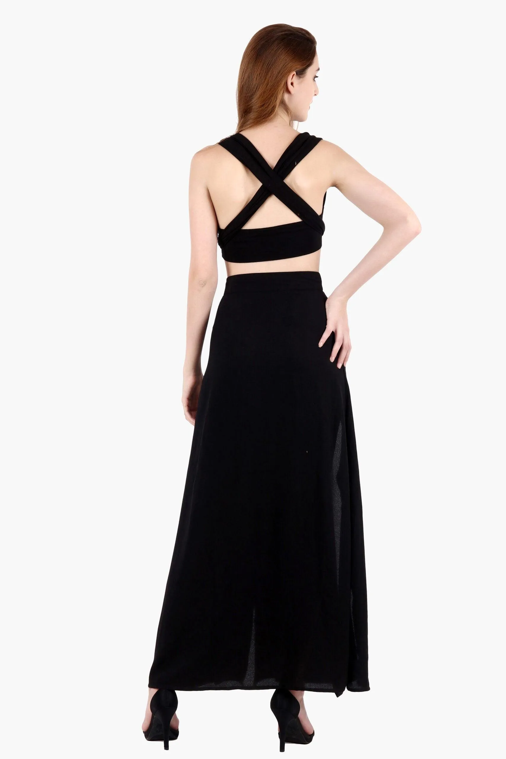 Black Solid Multiway Crop Top with Slit Skirt