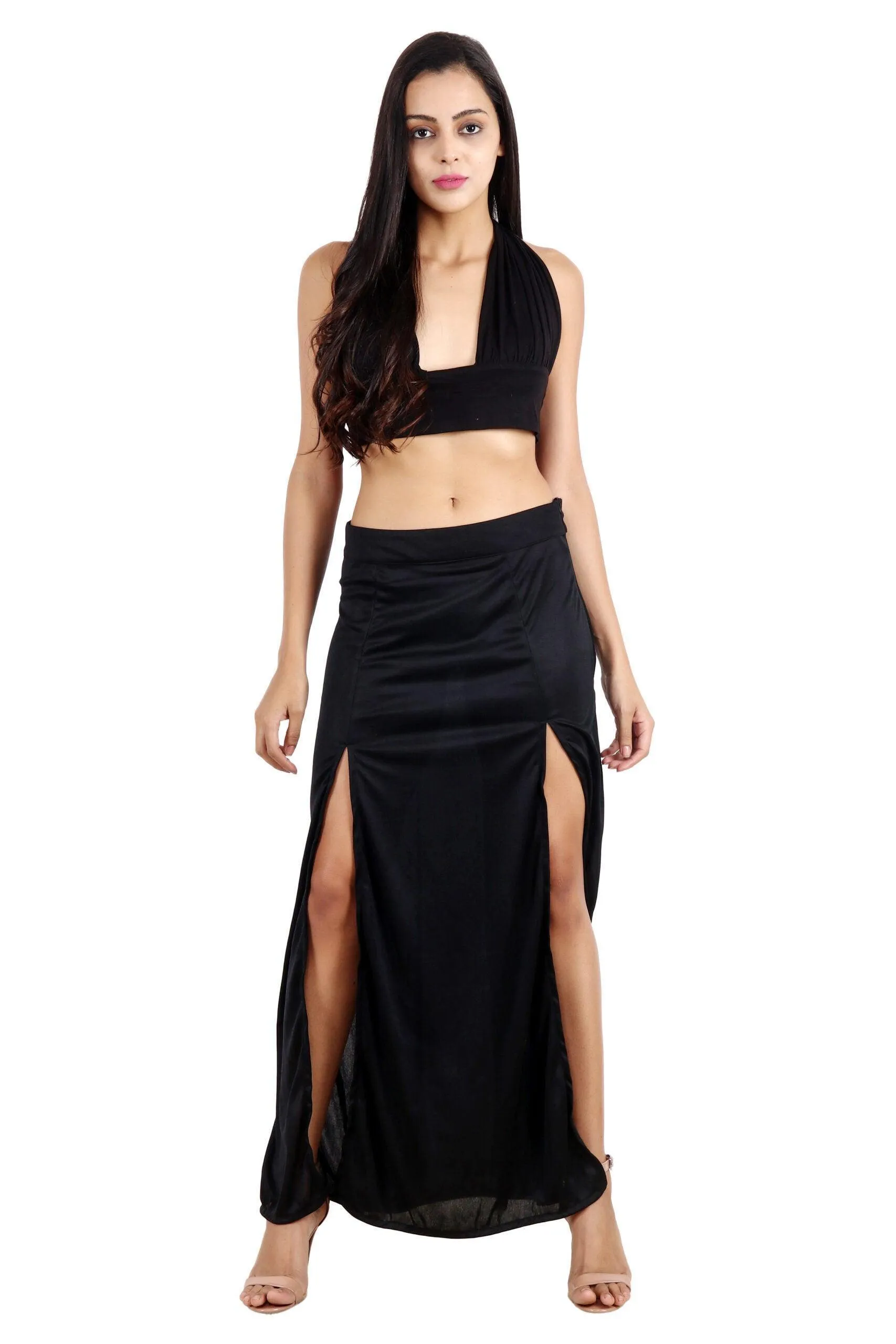 Black Solid Multiway Crop Top with Slit Skirt