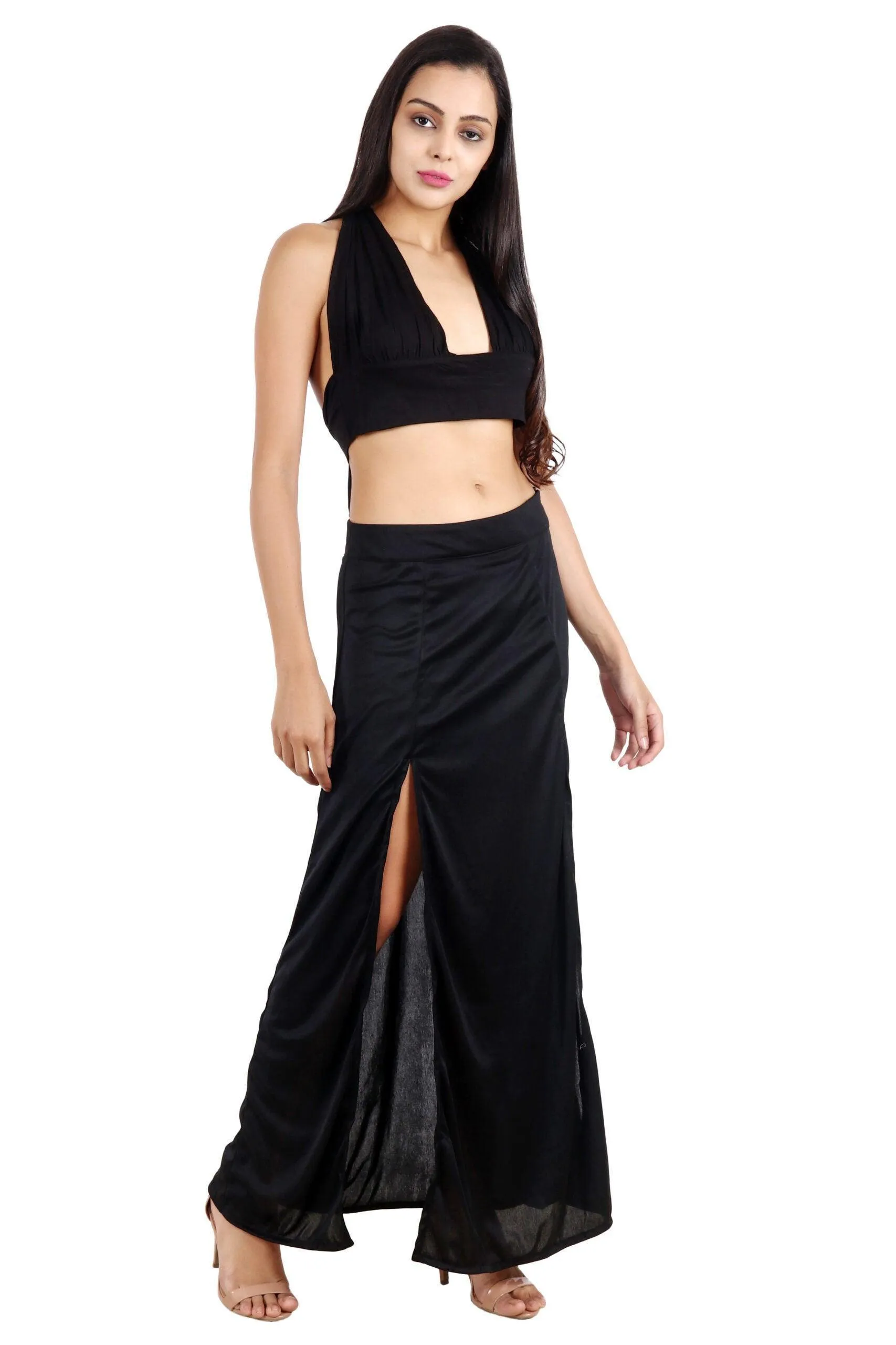 Black Solid Multiway Crop Top with Slit Skirt