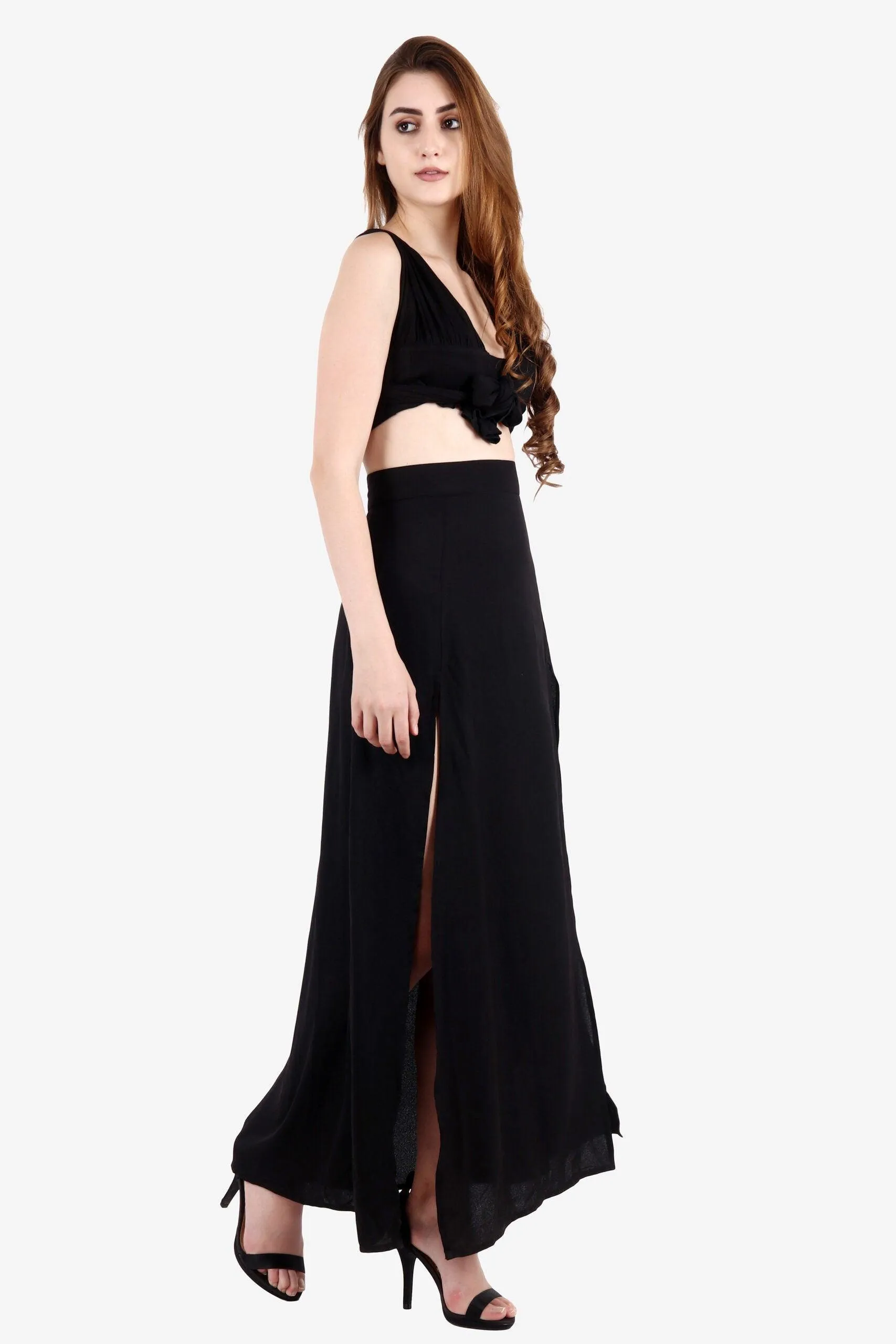 Black Solid Multiway Crop Top with Slit Skirt