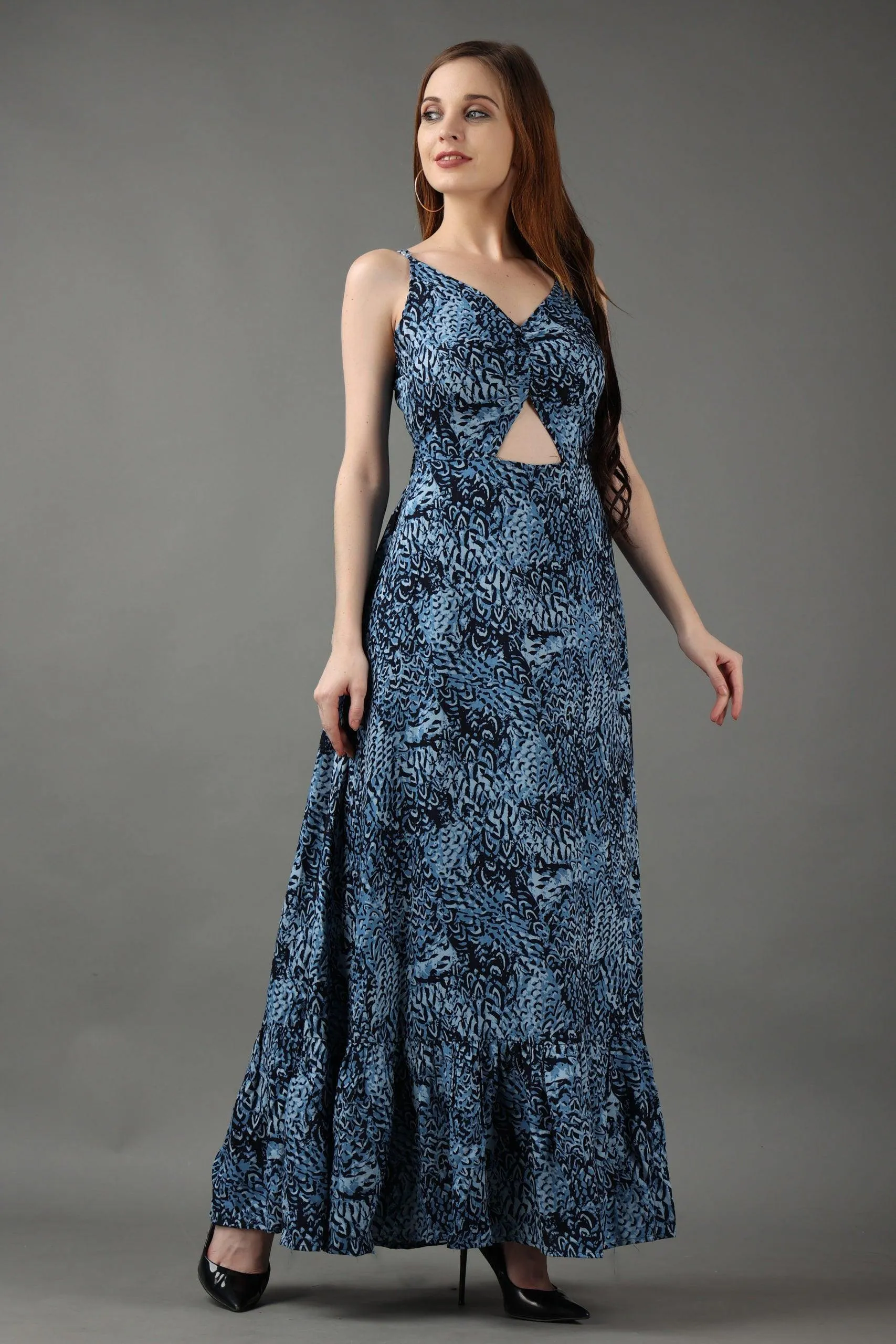 Blue Abstract Printed Back Tie Dress