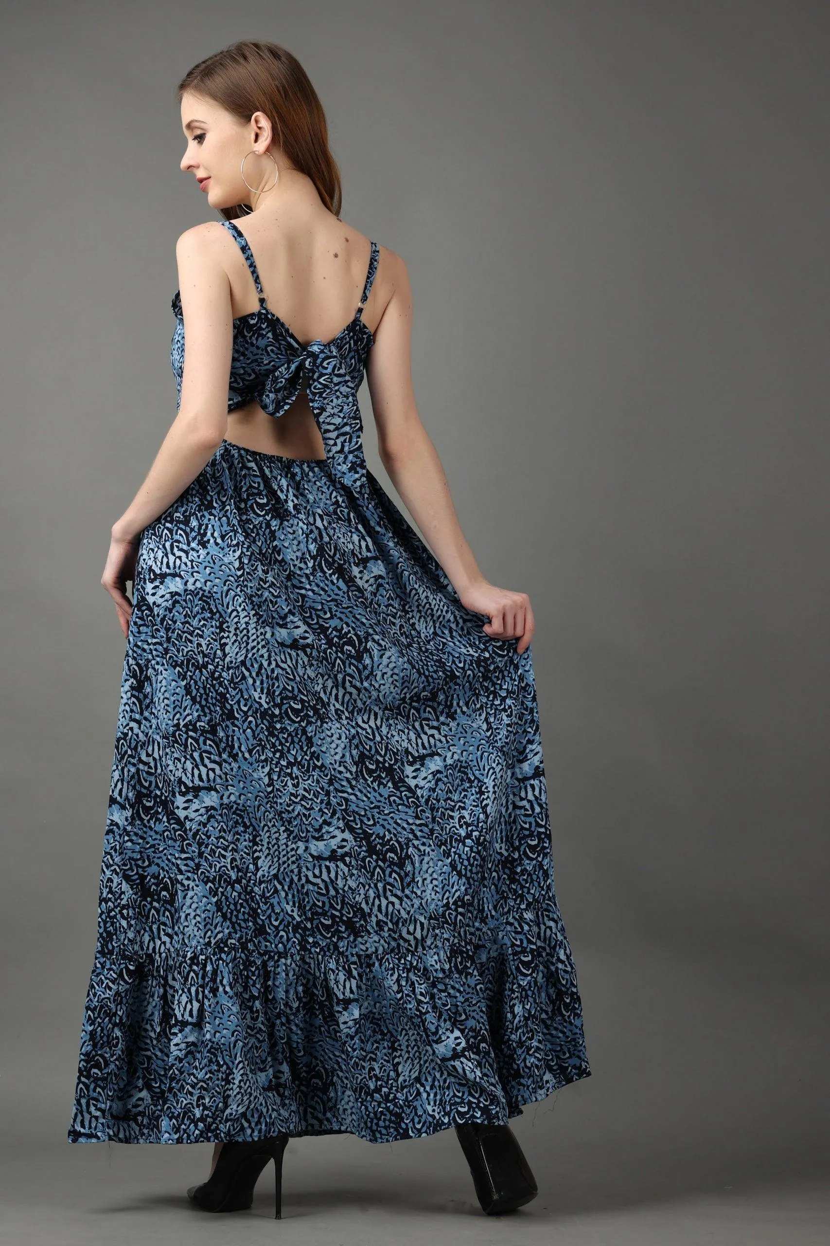 Blue Abstract Printed Back Tie Dress