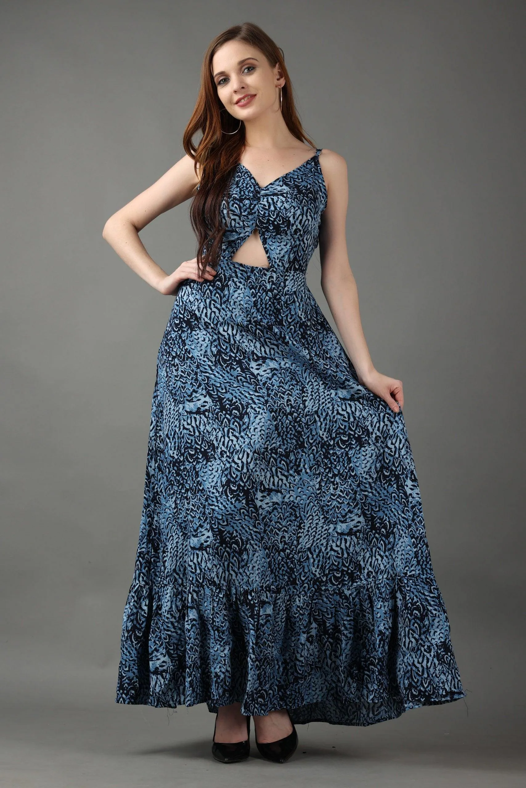 Blue Abstract Printed Back Tie Dress