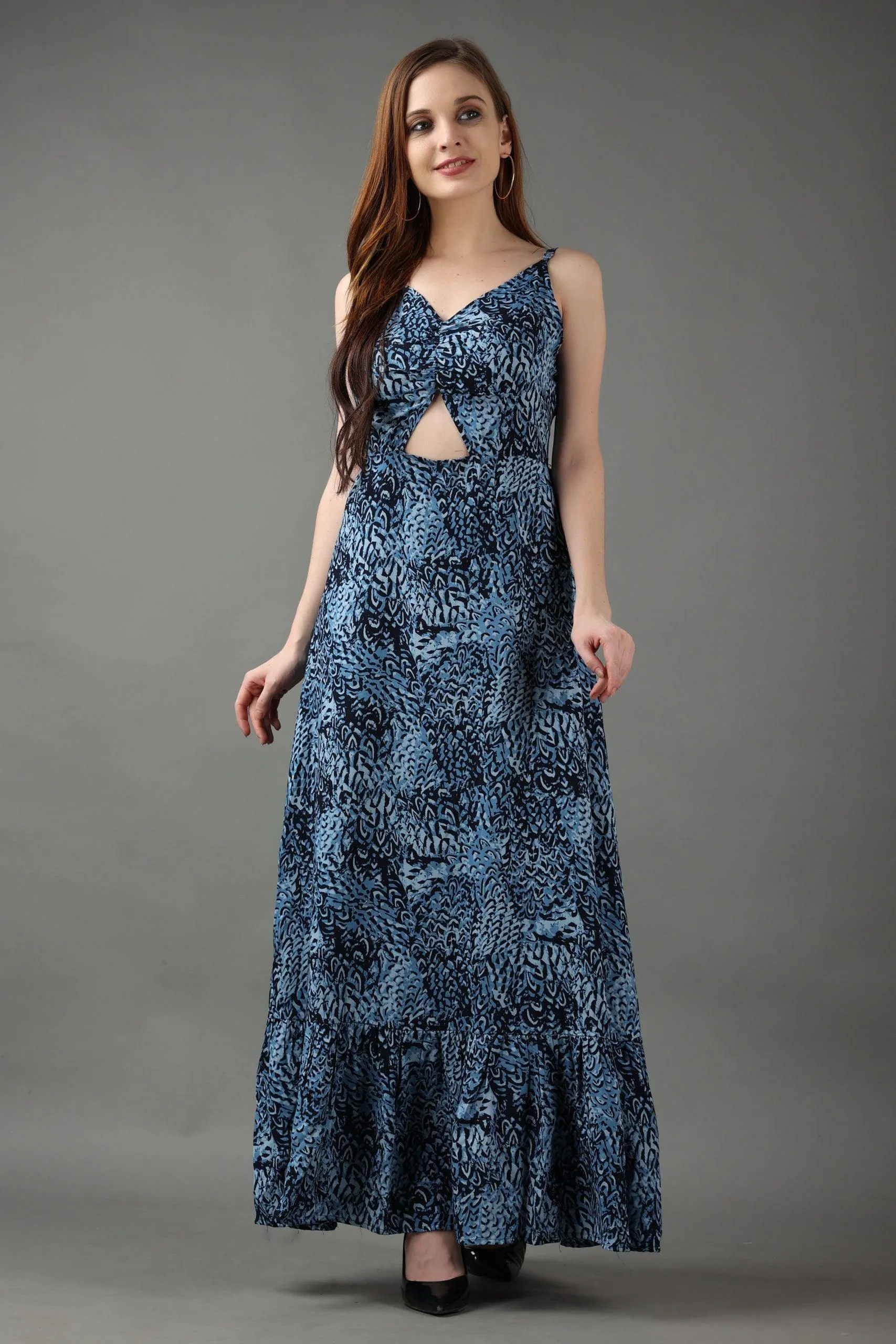 Blue Abstract Printed Back Tie Dress