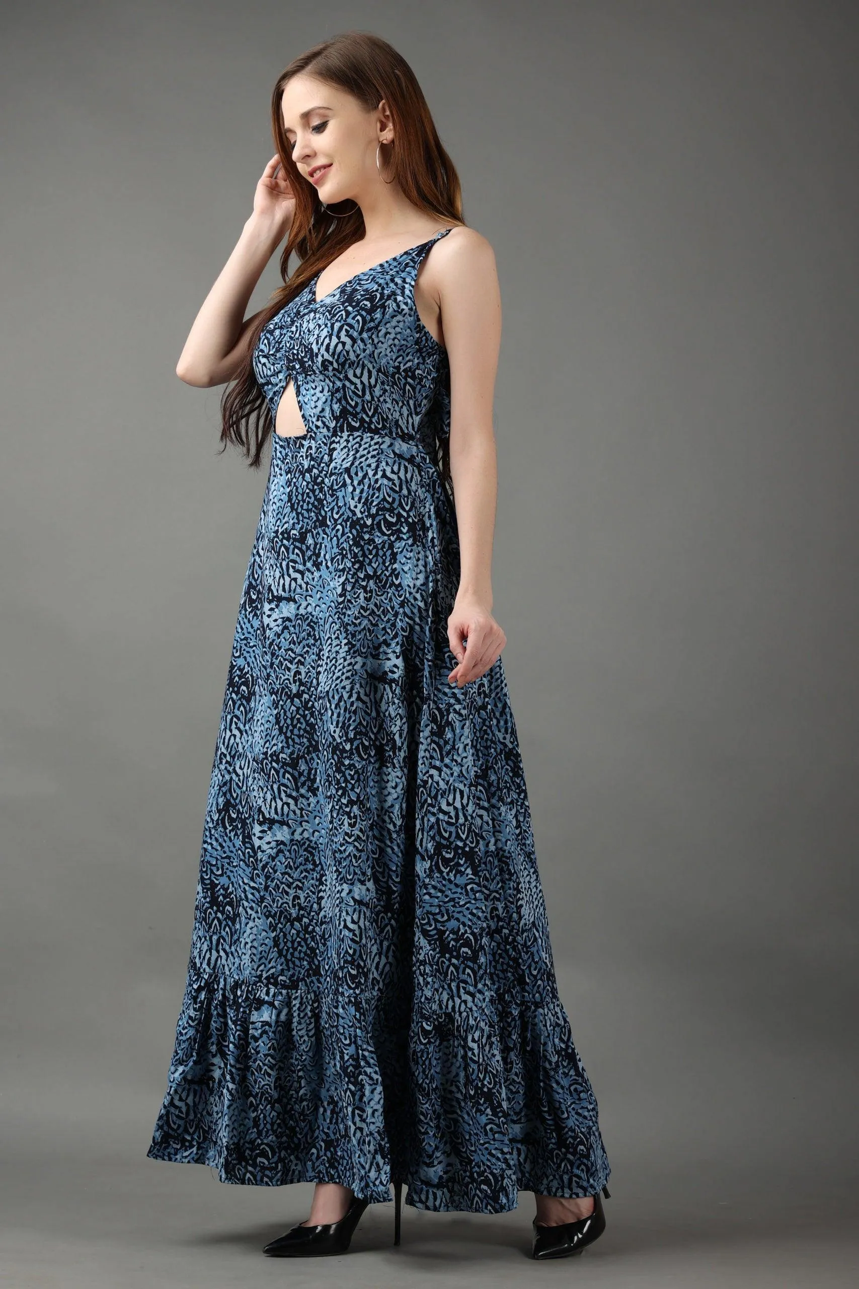 Blue Abstract Printed Back Tie Dress