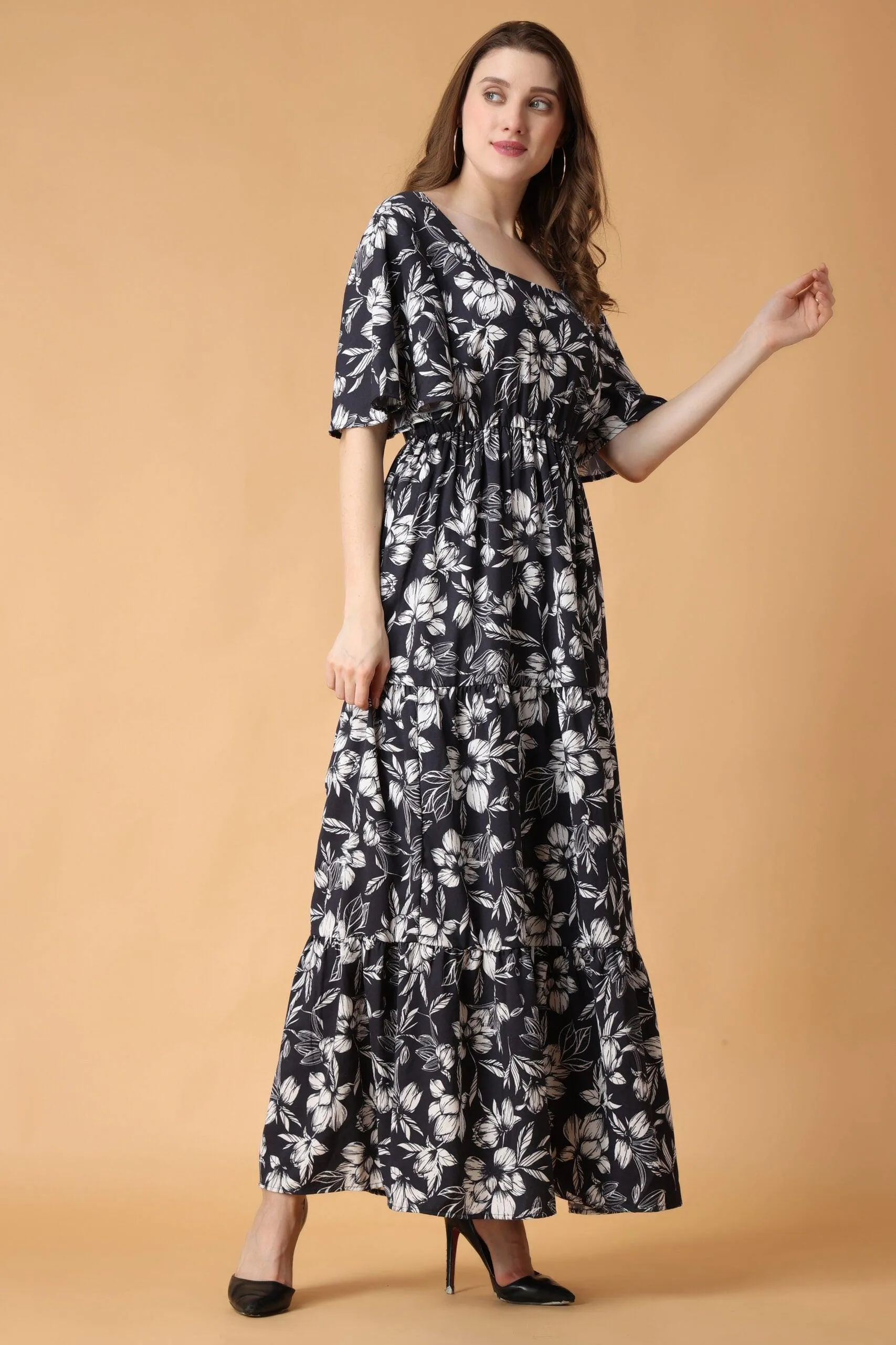 Blue & White Floral Printed Maxi Dress