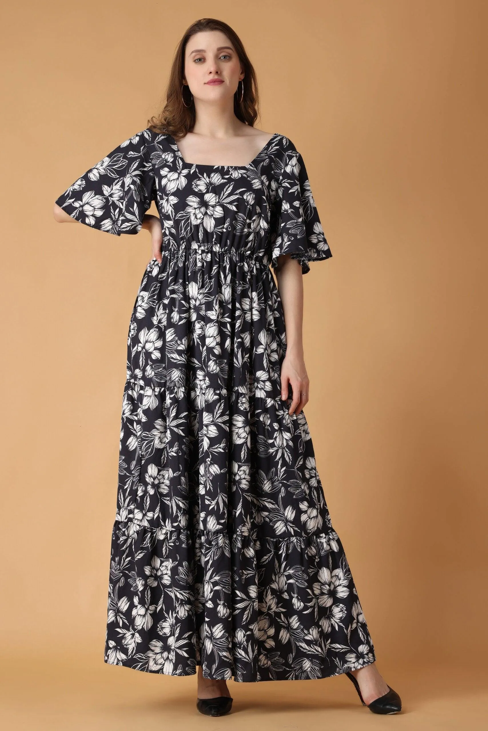 Blue & White Floral Printed Maxi Dress