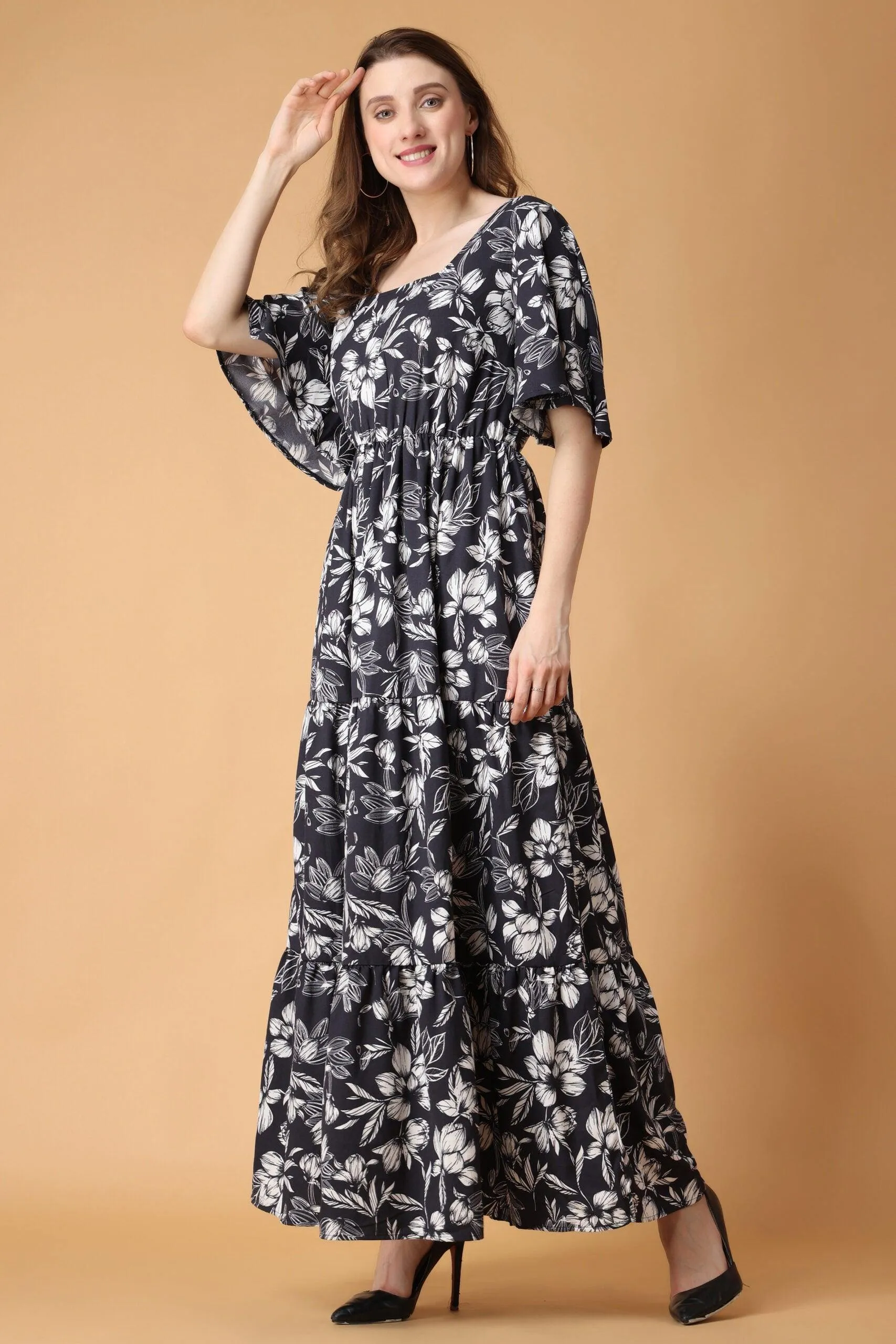 Blue & White Floral Printed Maxi Dress