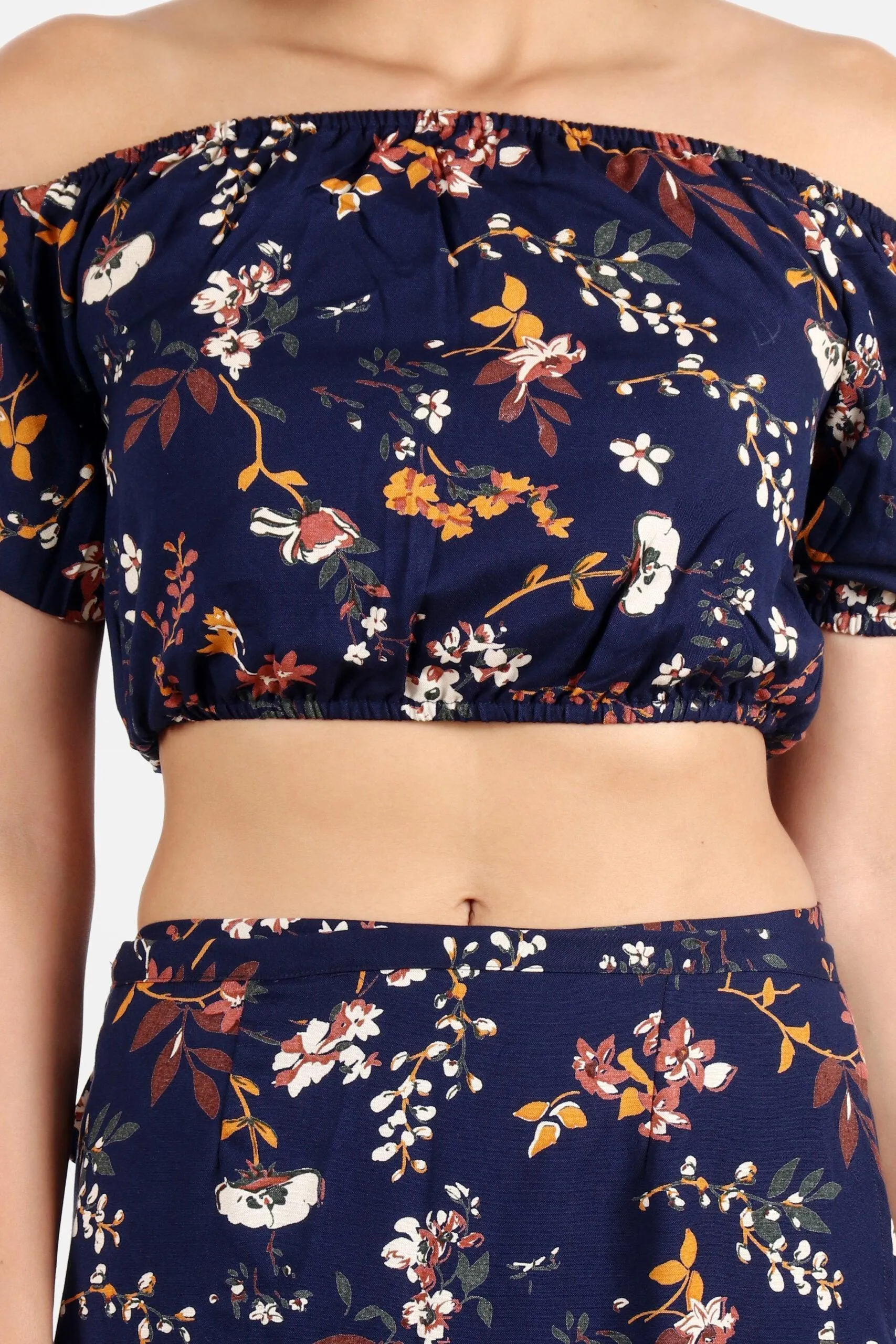 Blue Floral Off Shoulder Top with Slit Skirt