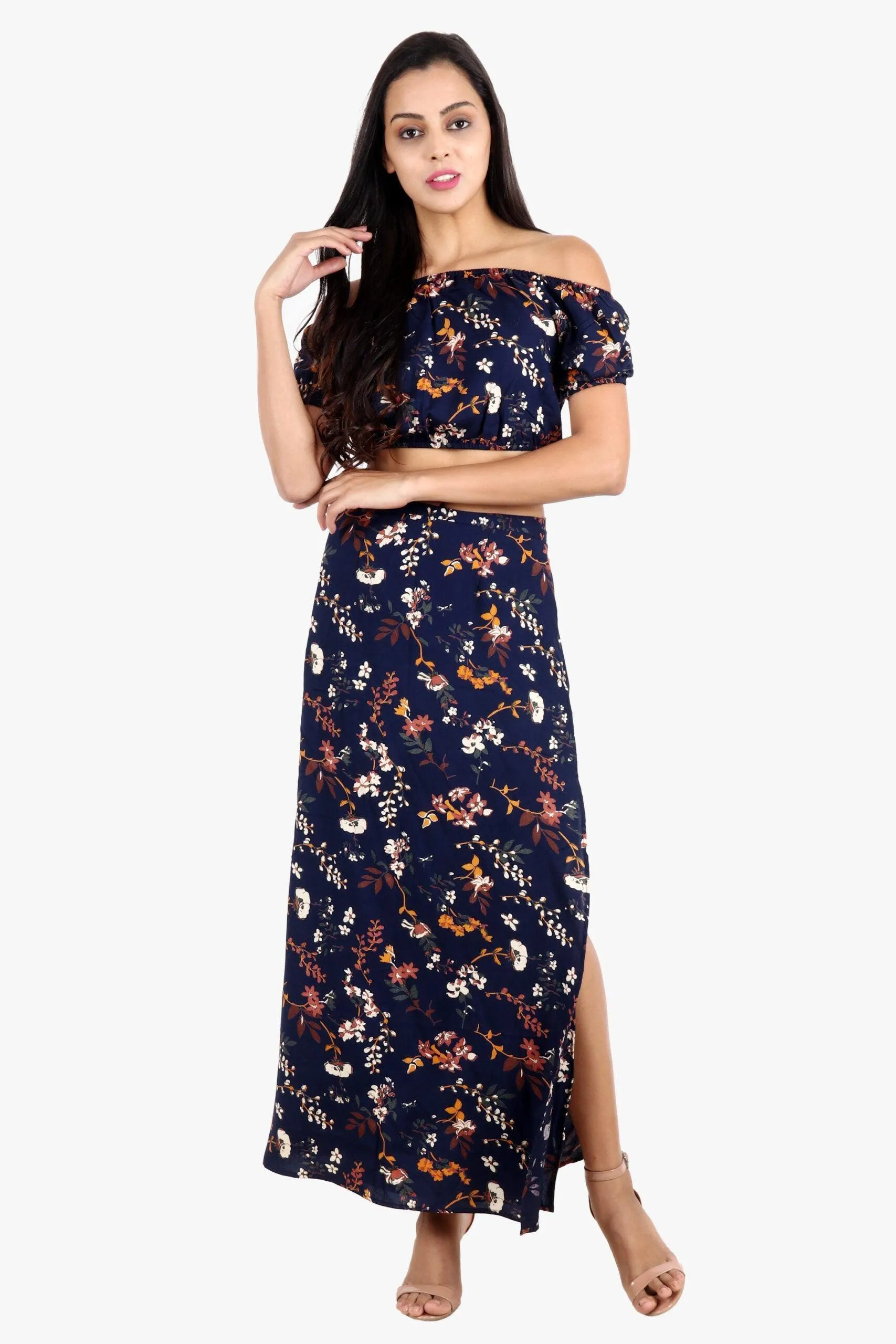 Blue Floral Off Shoulder Top with Slit Skirt