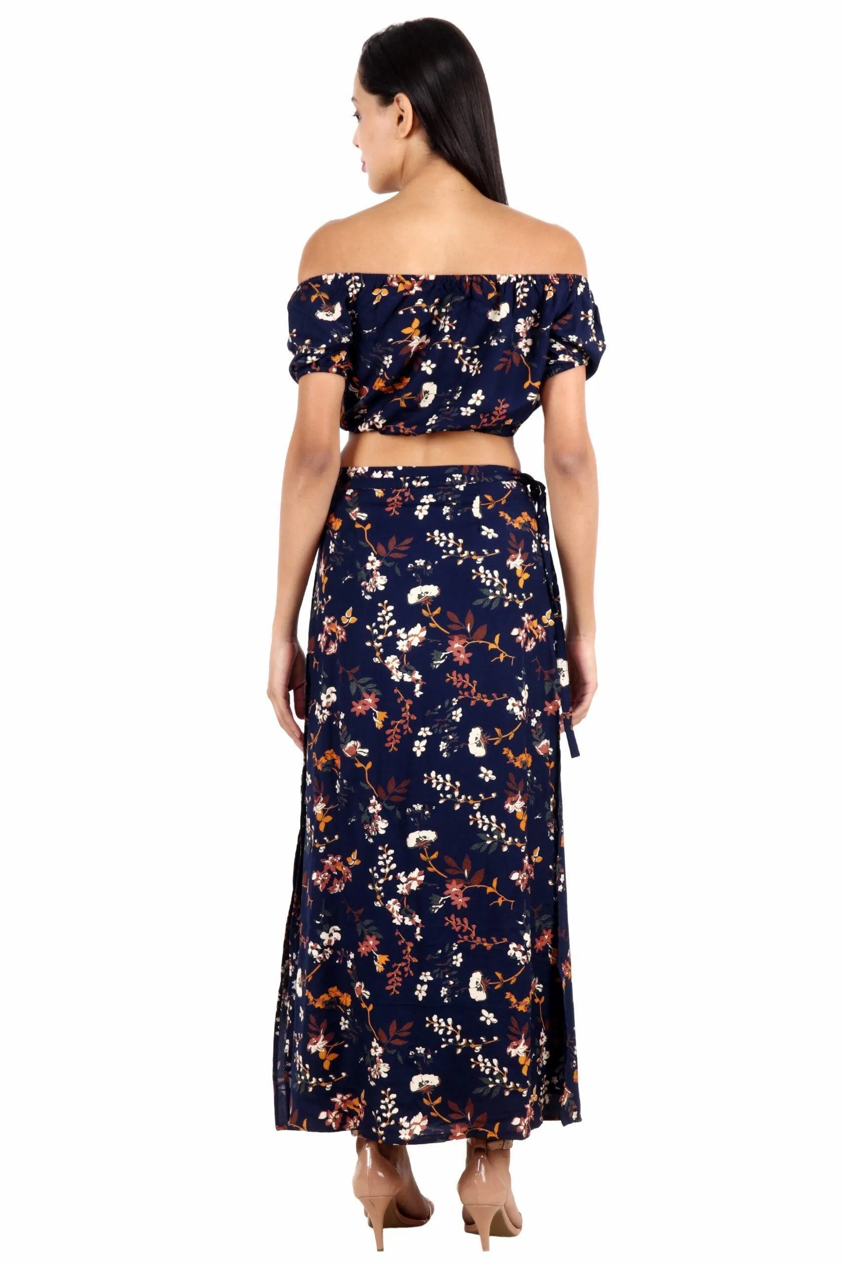 Blue Floral Off Shoulder Top with Slit Skirt