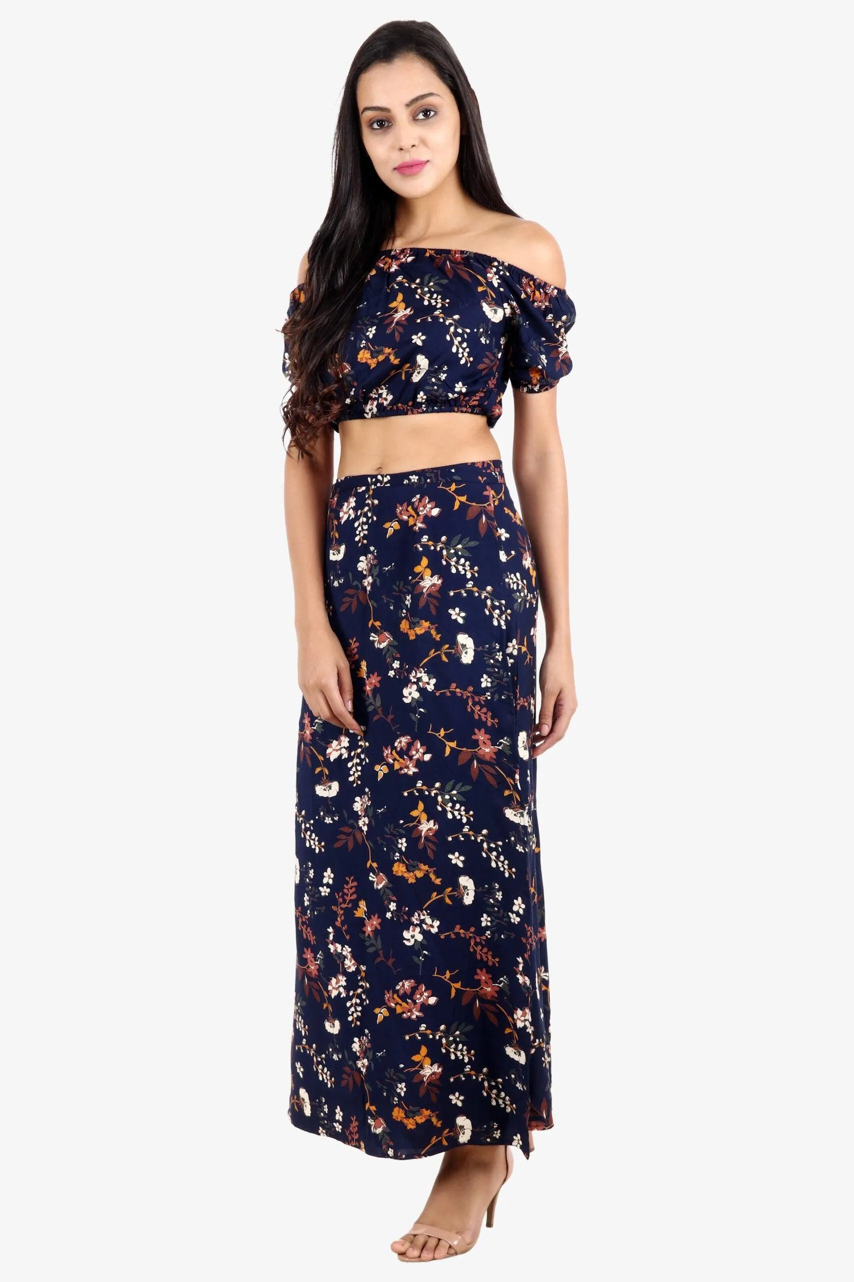 Blue Floral Off Shoulder Top with Slit Skirt