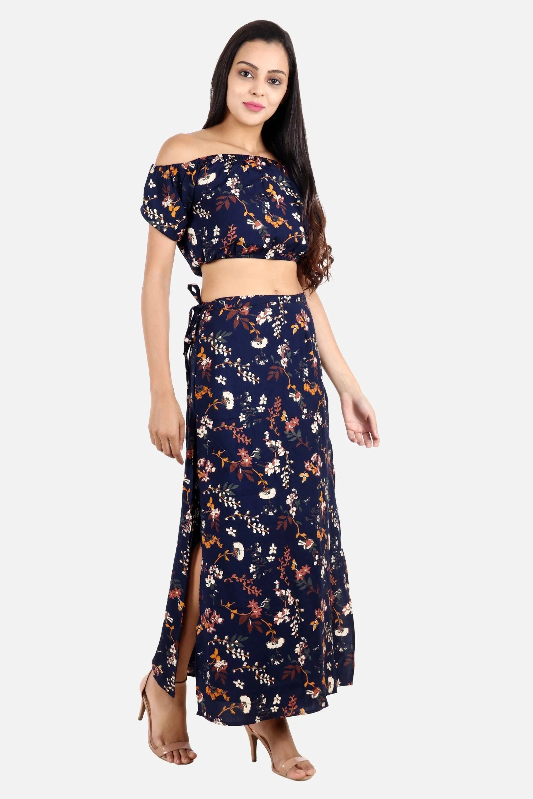 Blue Floral Off Shoulder Top with Slit Skirt