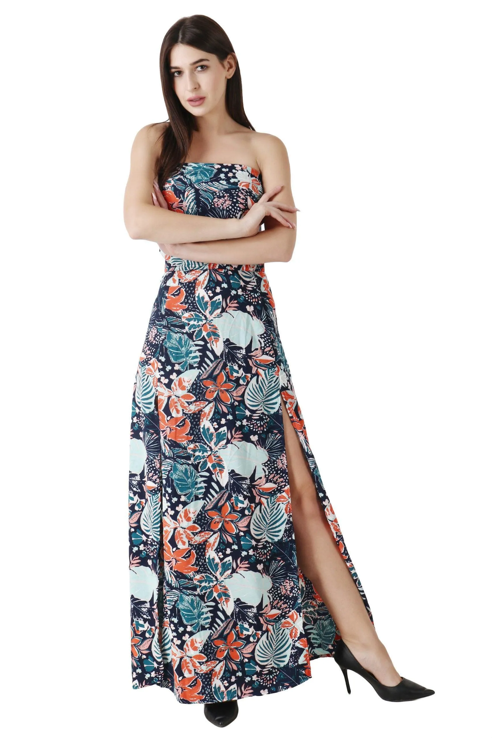 Blue Floral Printed Bandana Top with Slit Skirt