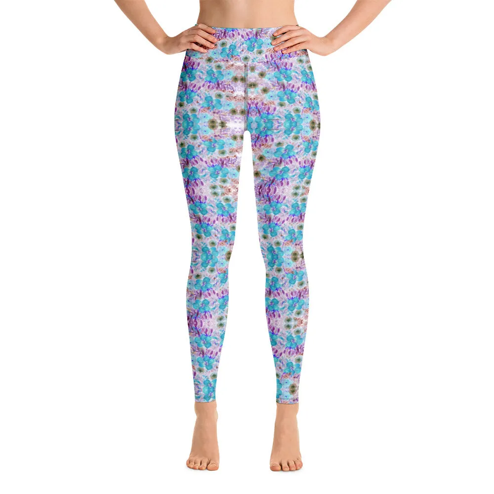 Blue Floral Yoga Leggings, Feminine Girlie Flower Print Women's Long Yoga Pants-Made in USA/EU/MX