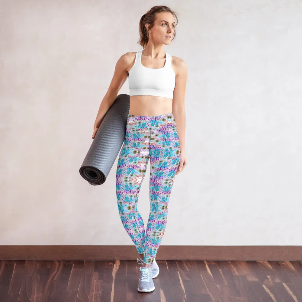 Blue Floral Yoga Leggings, Feminine Girlie Flower Print Women's Long Yoga Pants-Made in USA/EU/MX