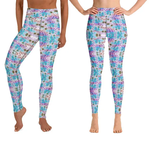 Blue Floral Yoga Leggings, Feminine Girlie Flower Print Women's Long Yoga Pants-Made in USA/EU/MX