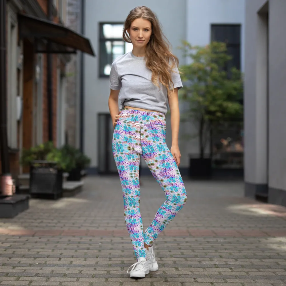 Blue Floral Yoga Leggings, Feminine Girlie Flower Print Women's Long Yoga Pants-Made in USA/EU/MX