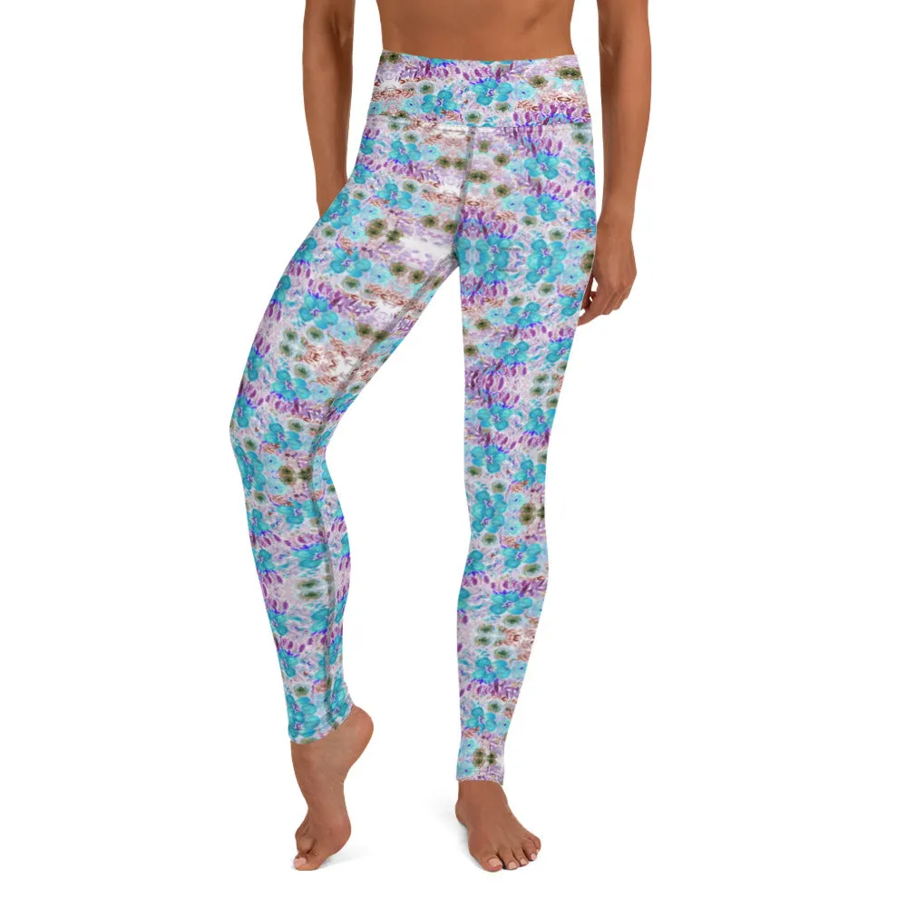 Blue Floral Yoga Leggings, Feminine Girlie Flower Print Women's Long Yoga Pants-Made in USA/EU/MX