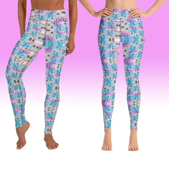 Blue Floral Yoga Leggings, Feminine Girlie Flower Print Women's Long Yoga Pants-Made in USA/EU/MX