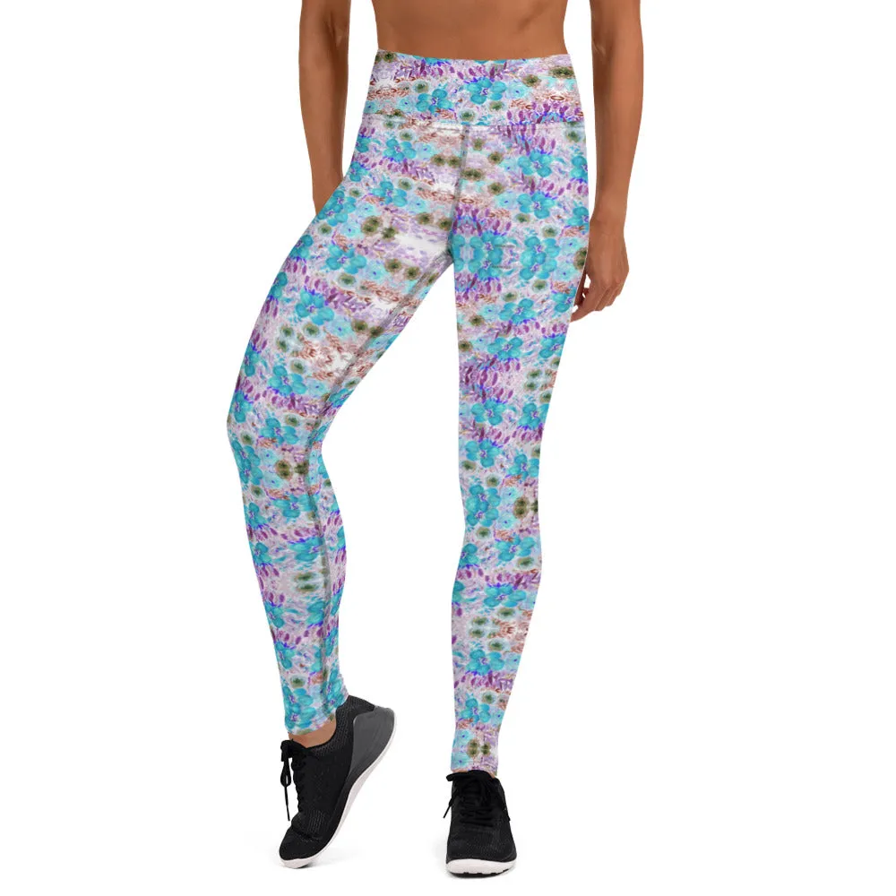 Blue Floral Yoga Leggings, Feminine Girlie Flower Print Women's Long Yoga Pants-Made in USA/EU/MX