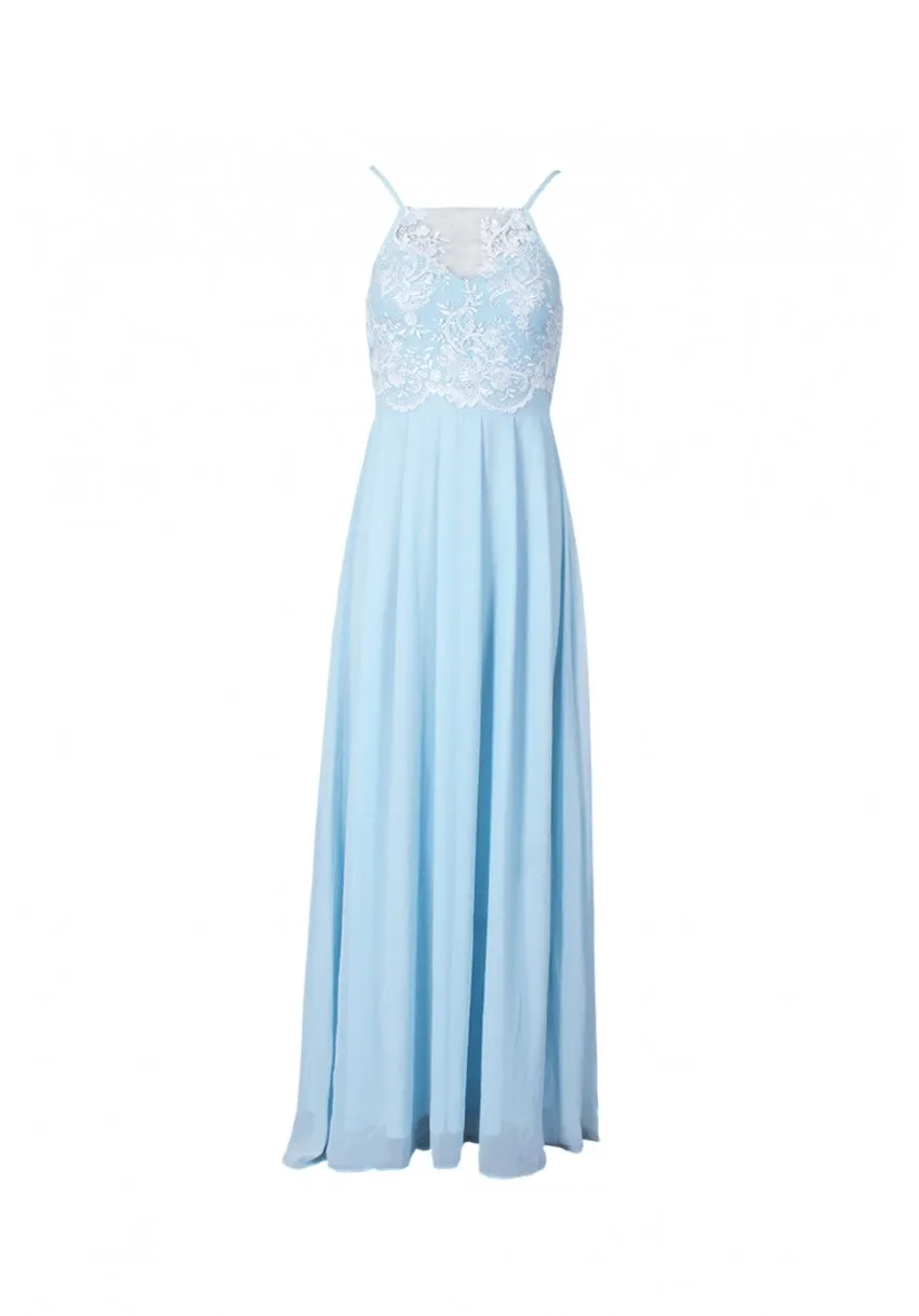 Blue Mesh Embroidery Maxi Dress