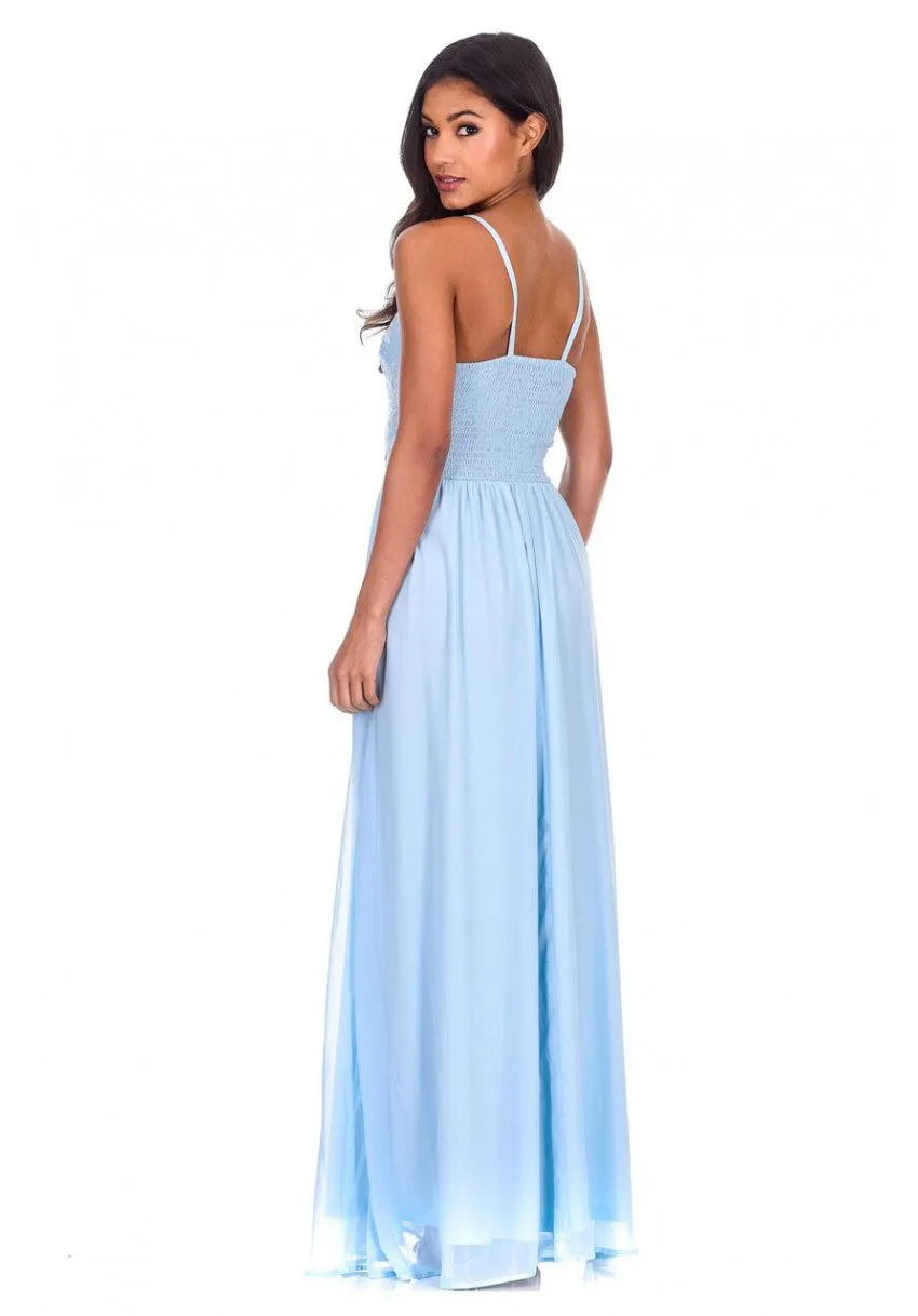 Blue Mesh Embroidery Maxi Dress