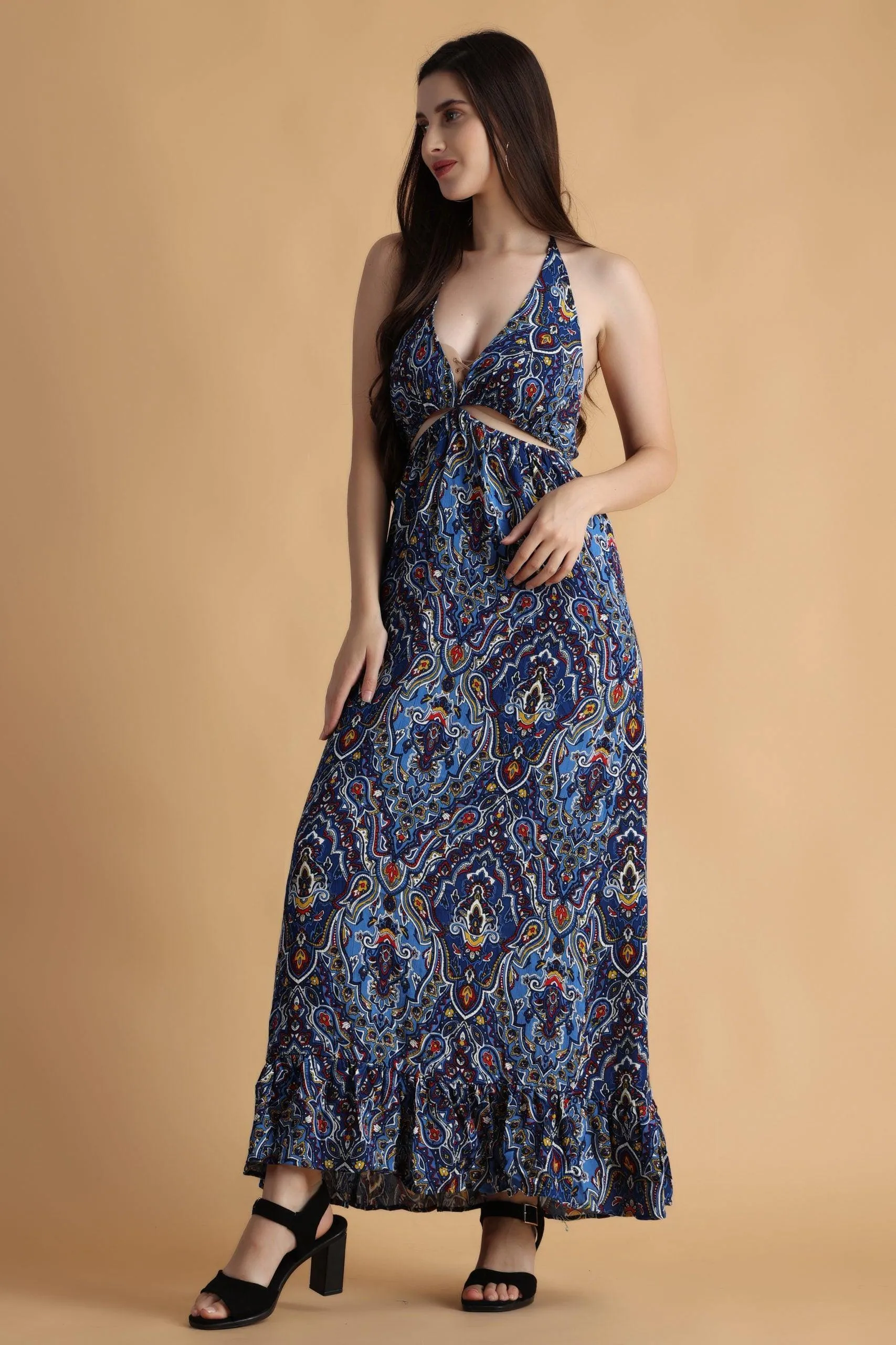 Blue Motif Printed Neck Tie Dress