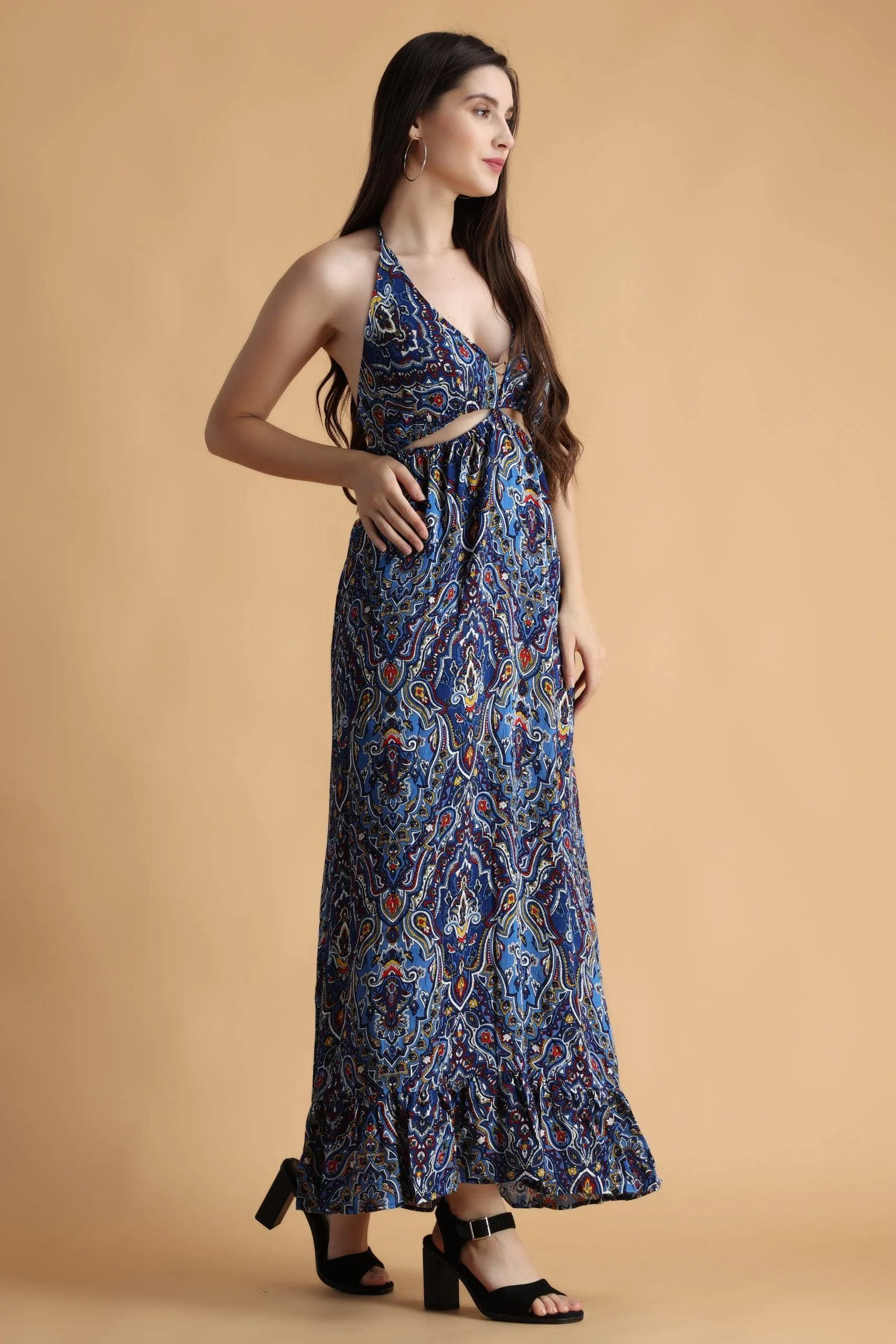 Blue Motif Printed Neck Tie Dress