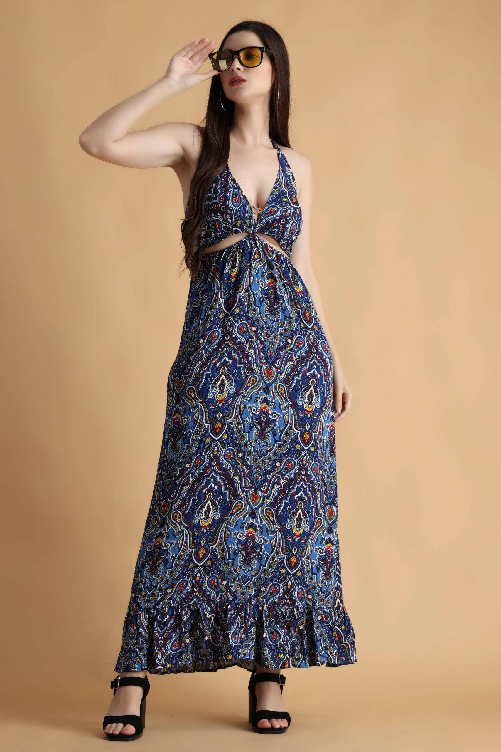 Blue Motif Printed Neck Tie Dress