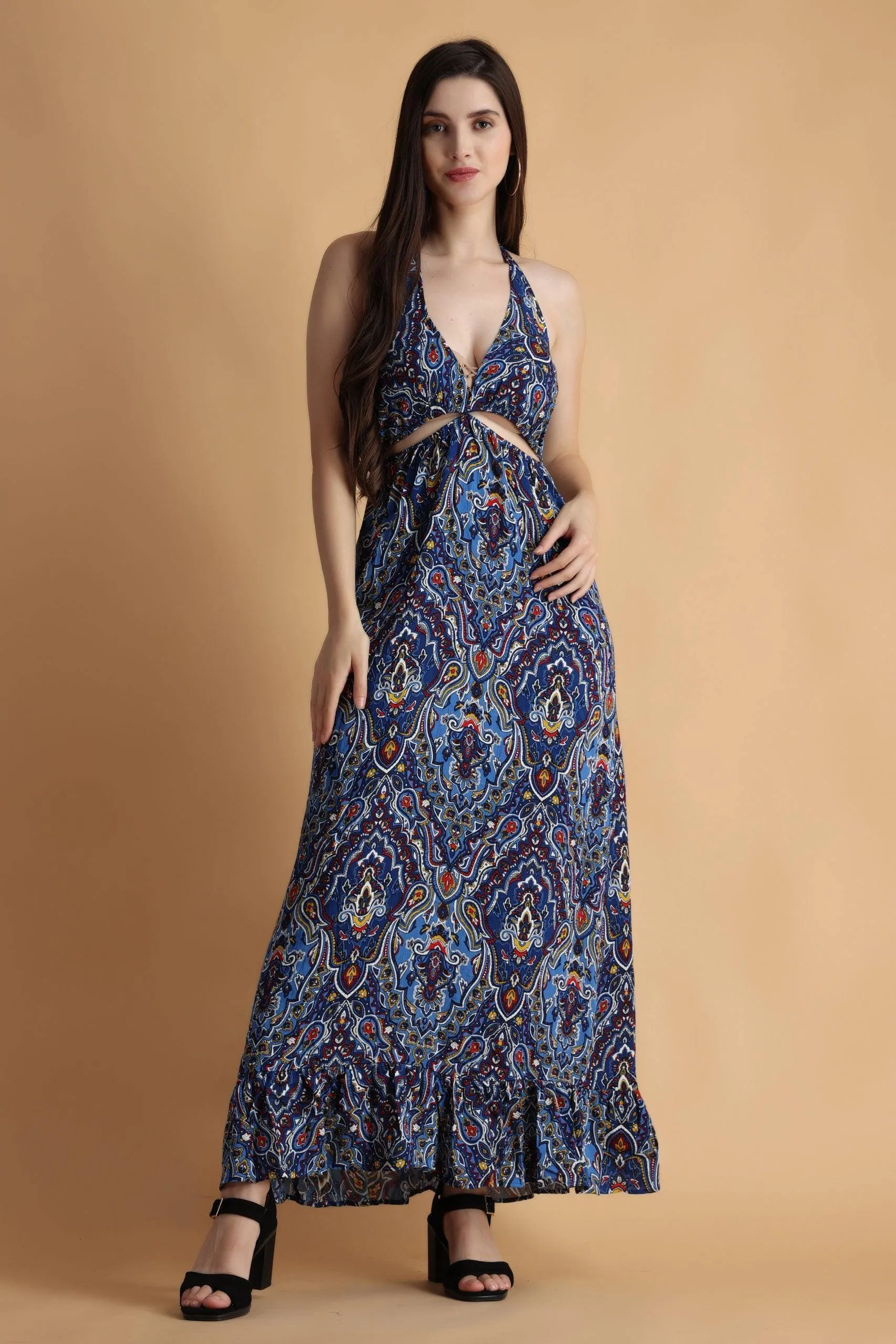 Blue Motif Printed Neck Tie Dress