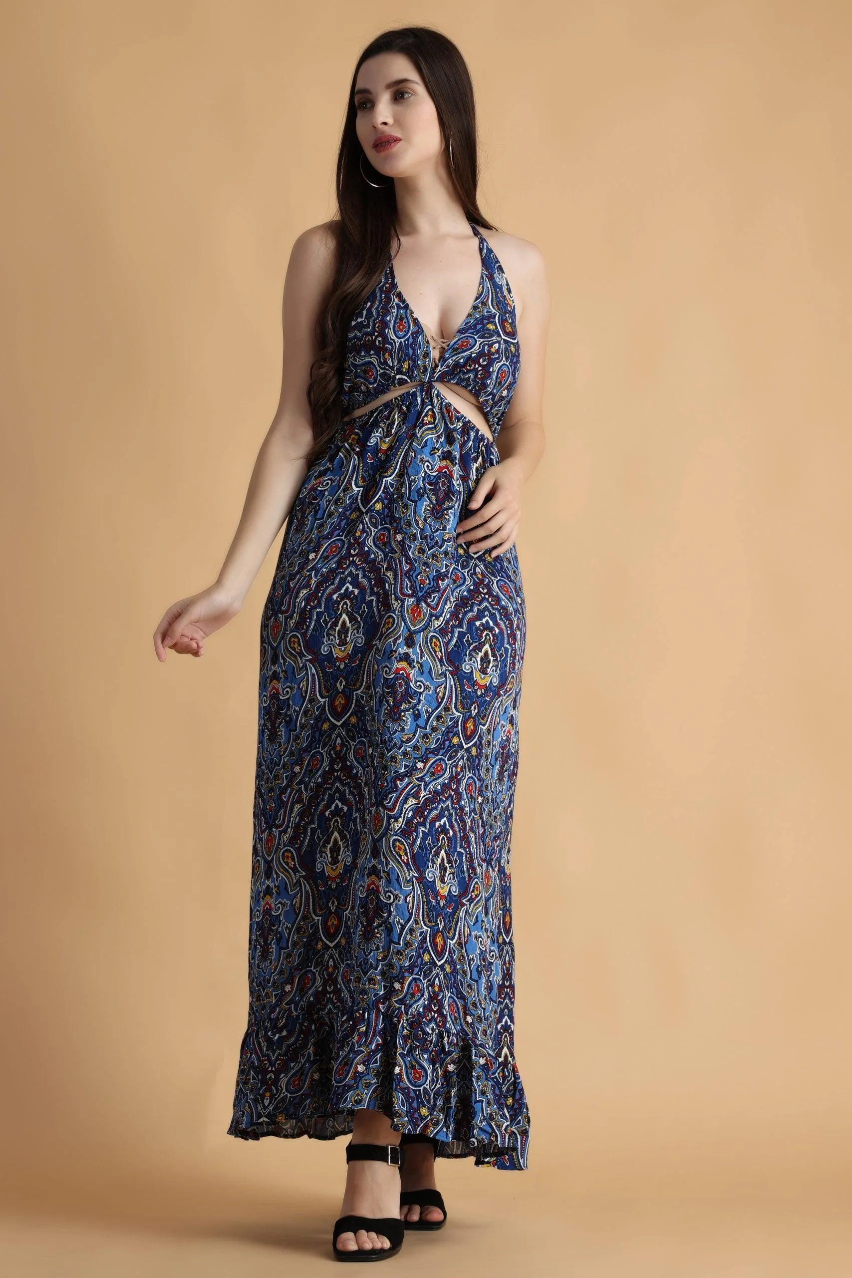 Blue Motif Printed Neck Tie Dress