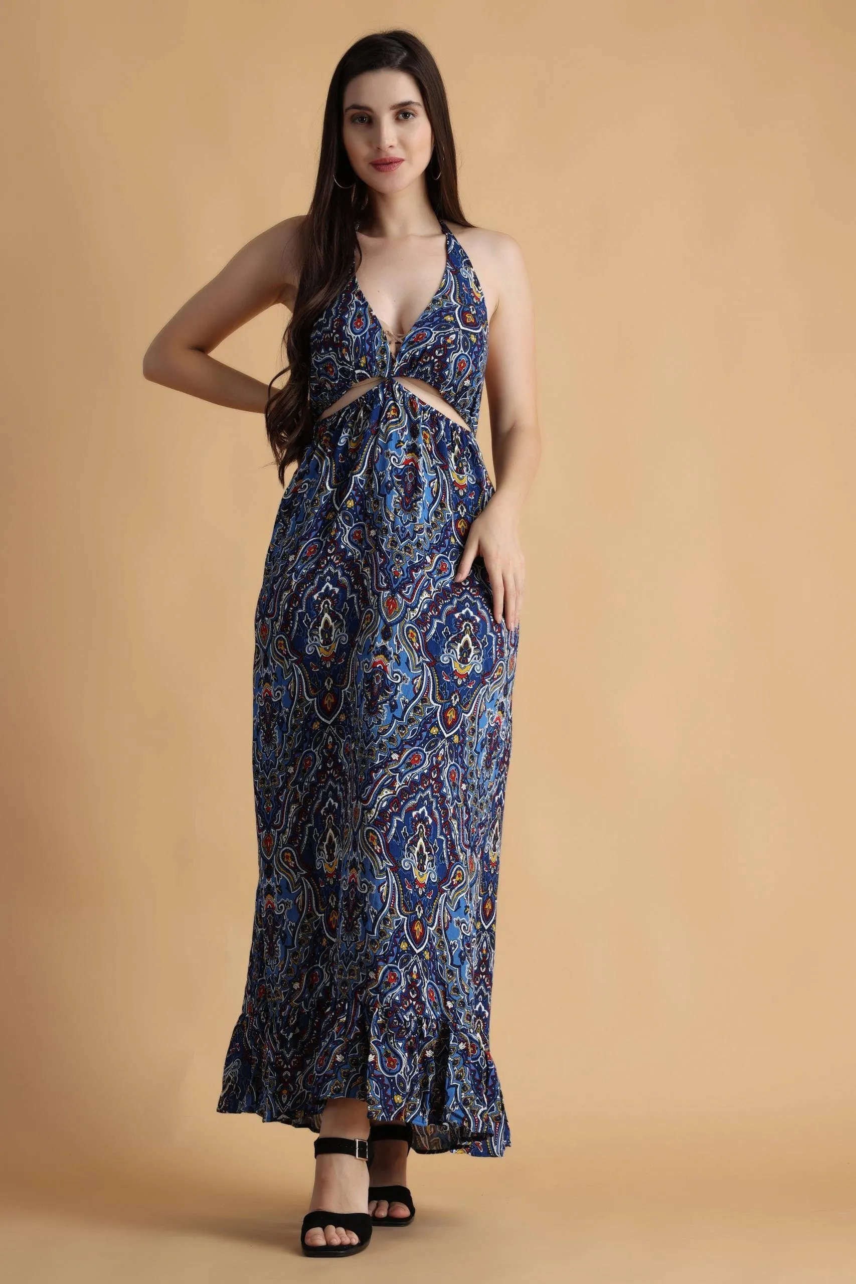 Blue Motif Printed Neck Tie Dress