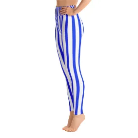 Blue Striped Women's Leggings, White Fitted Stretchy Long Yoga Pants -Made in USA/EU