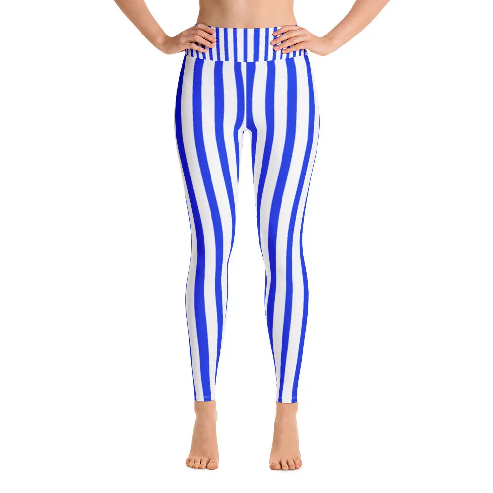 Blue Striped Women's Leggings, White Fitted Stretchy Long Yoga Pants -Made in USA/EU