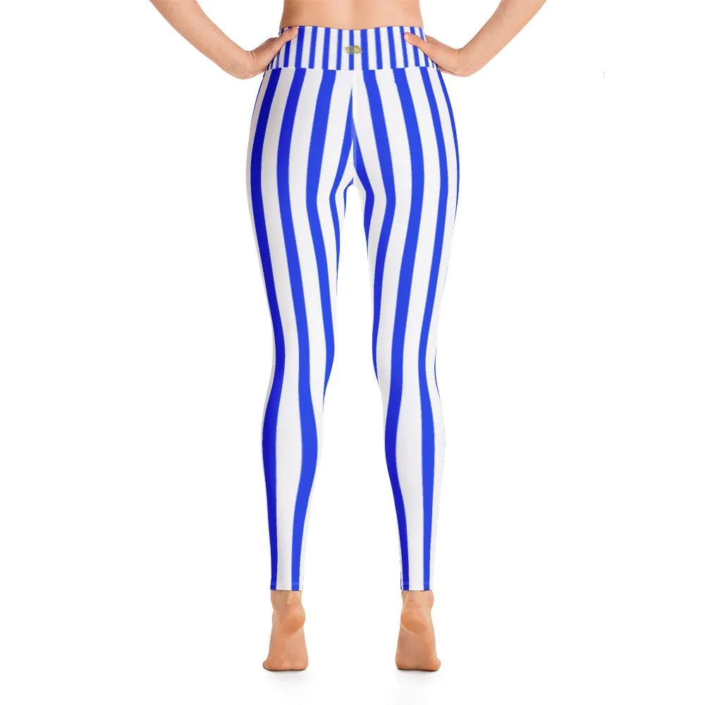 Blue Striped Women's Leggings, White Fitted Stretchy Long Yoga Pants -Made in USA/EU