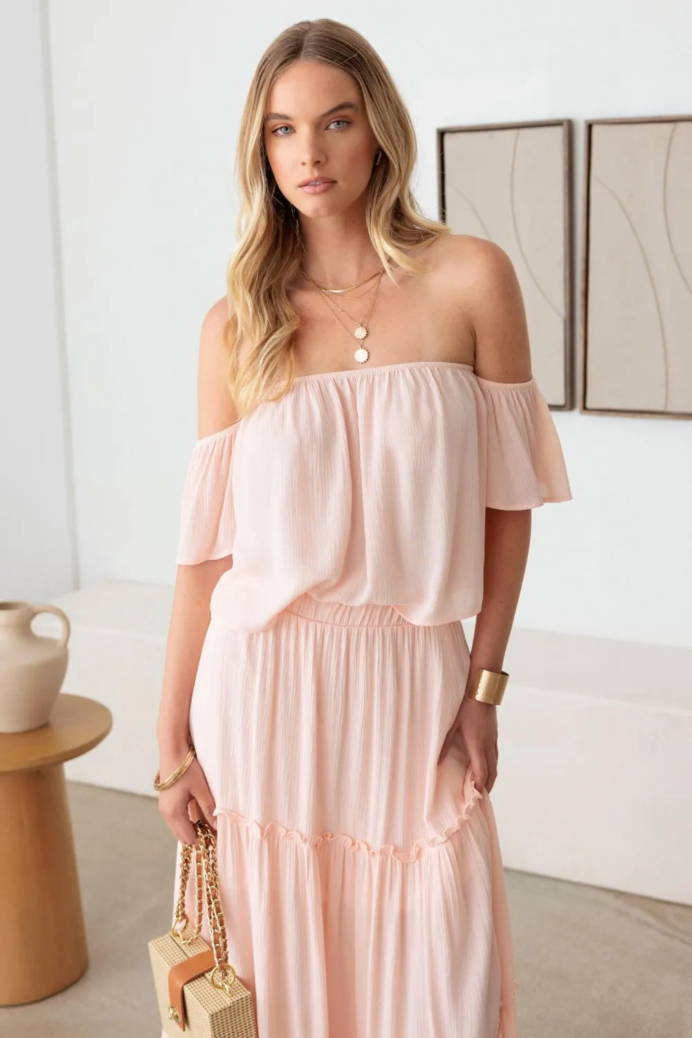 Blush Pink Feminine Frill Off-Shoulder Tiered Resort Maxi Dress