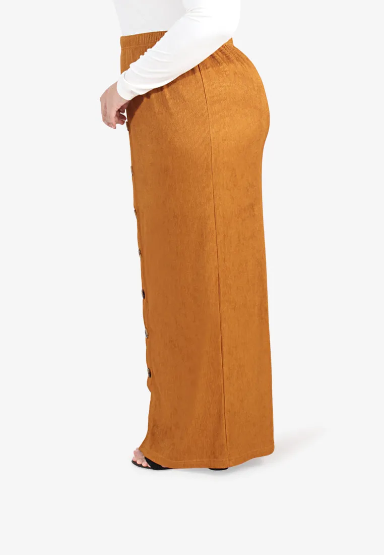 Bobby Ribbed Faux Button Long Skirt - Mustard Brown