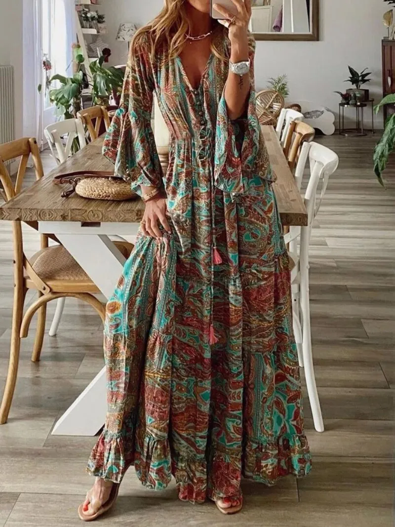 Bohemian Floral Print Long Sleeve Dress