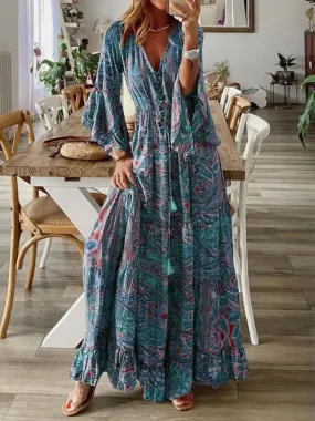 Bohemian Floral Print Long Sleeve Dress