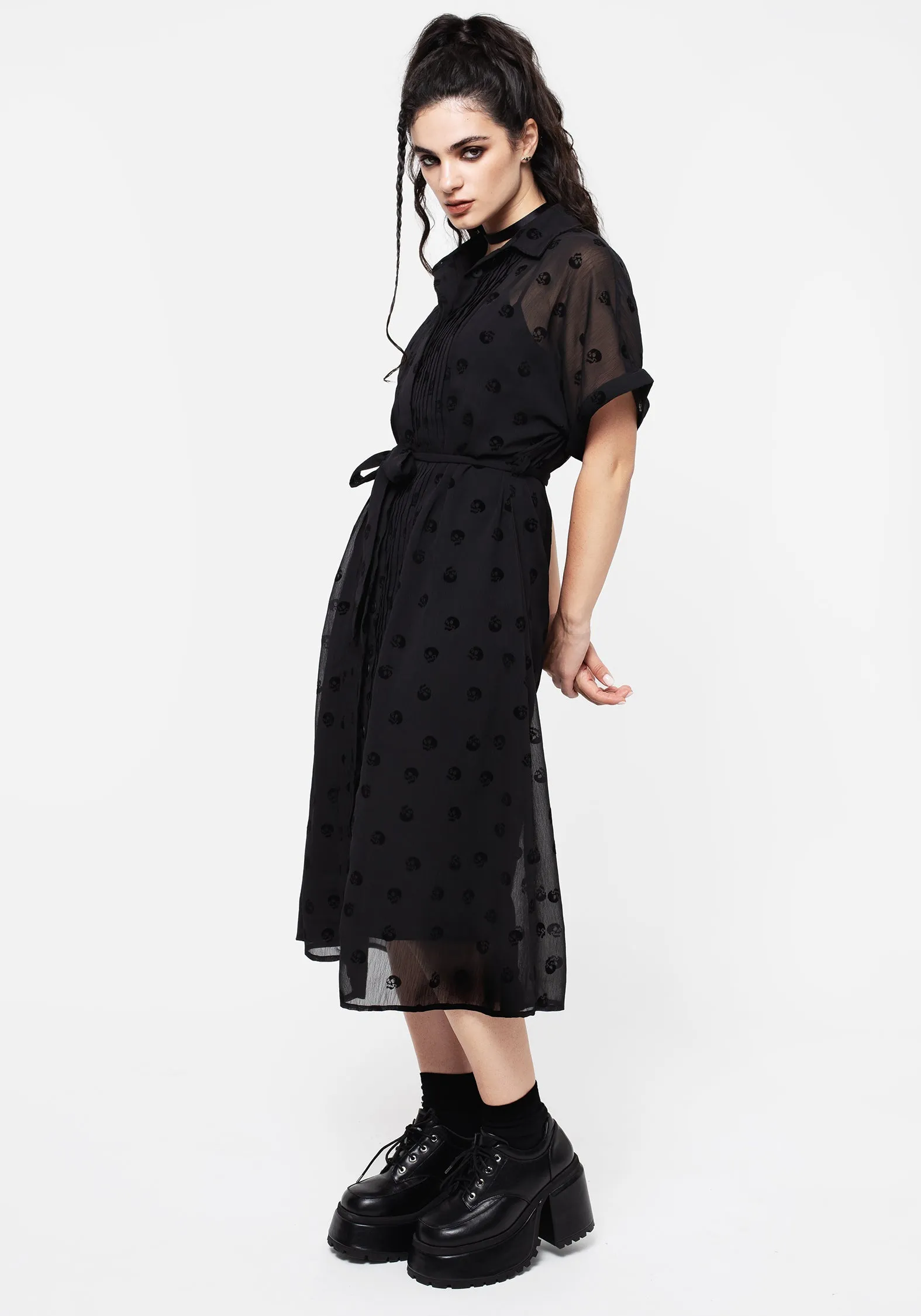 Bones Flocked Pintuck Chiffon Midi Shirt Dress