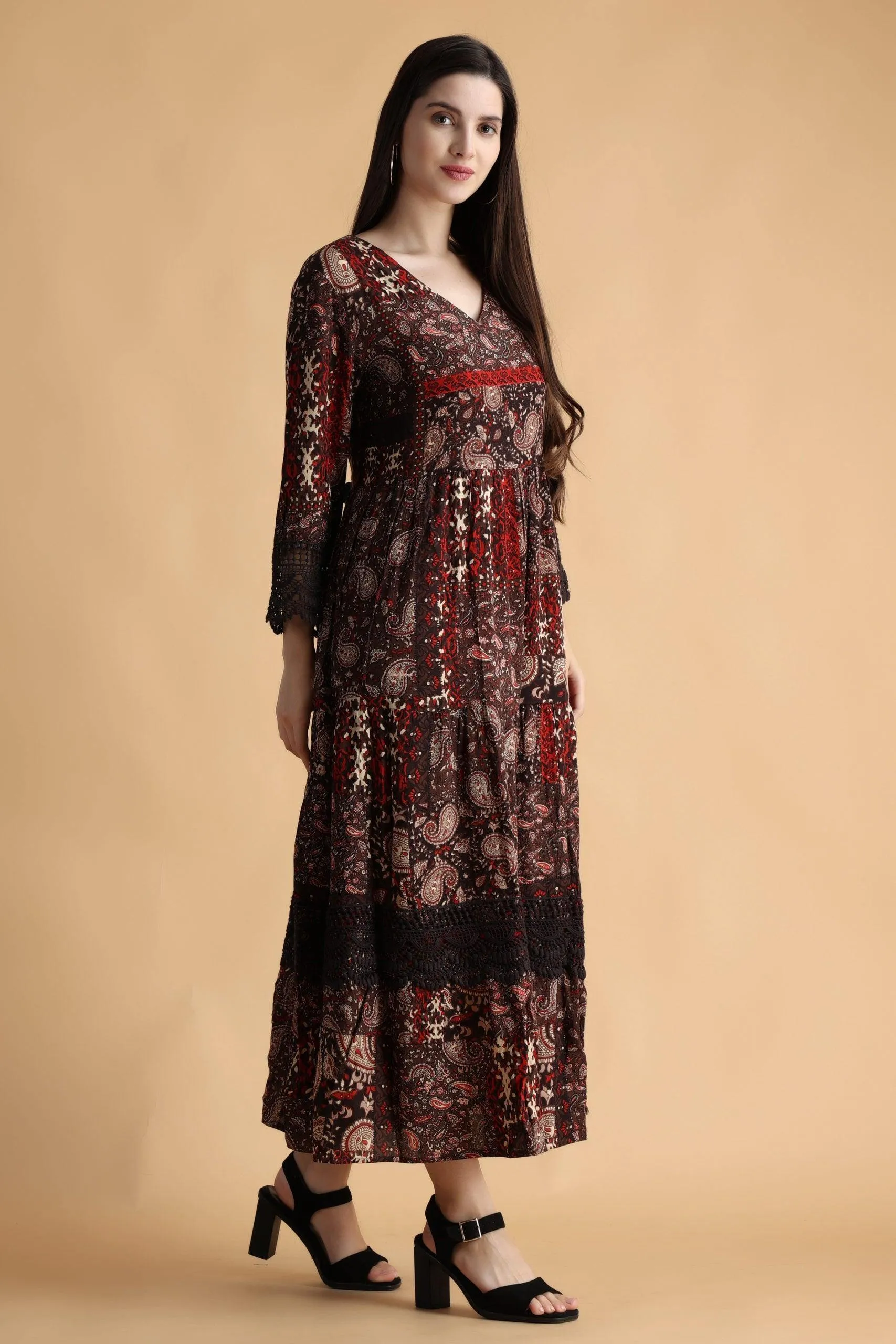 Brown Abstract Printed Dress with Lace