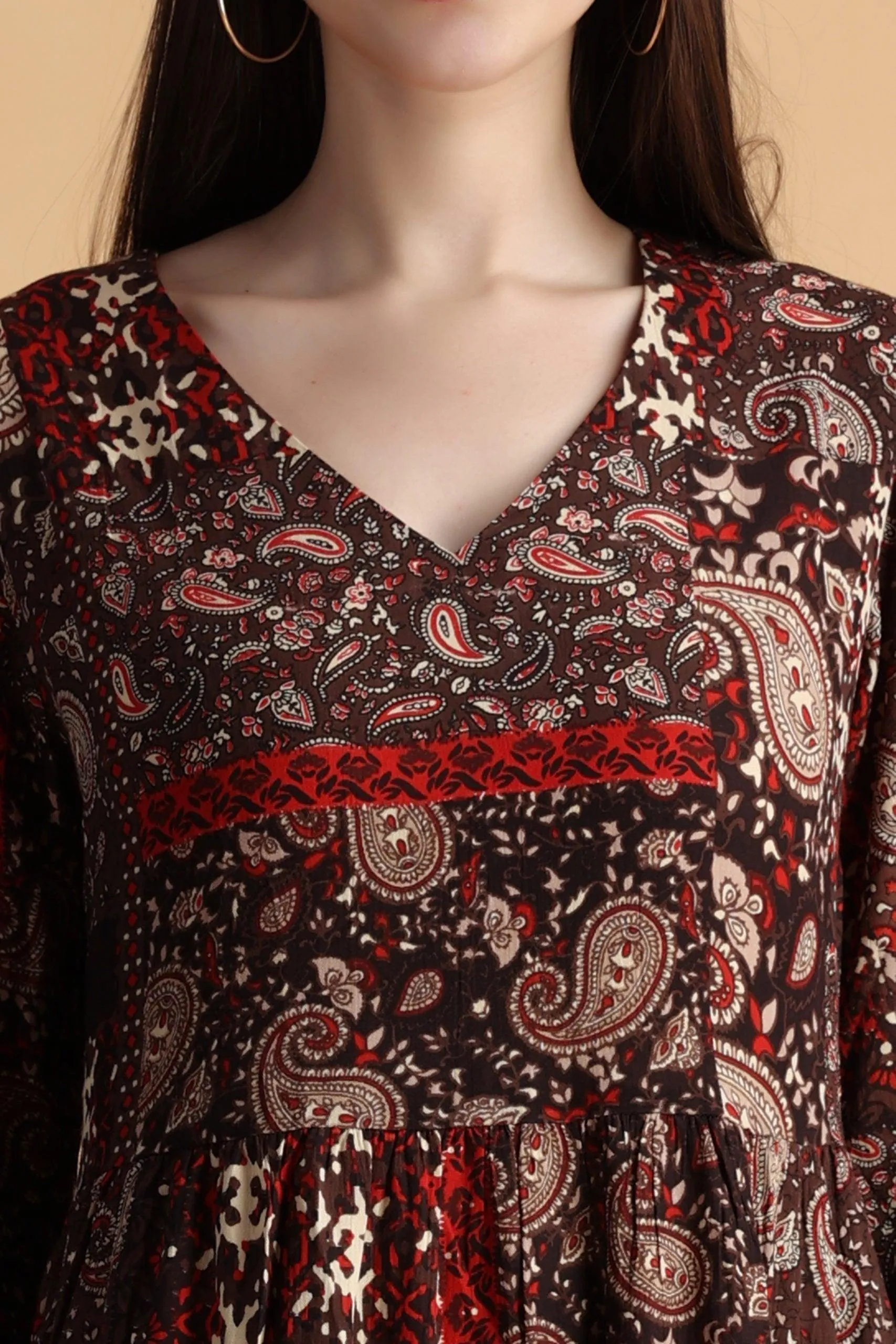 Brown Abstract Printed Dress with Lace