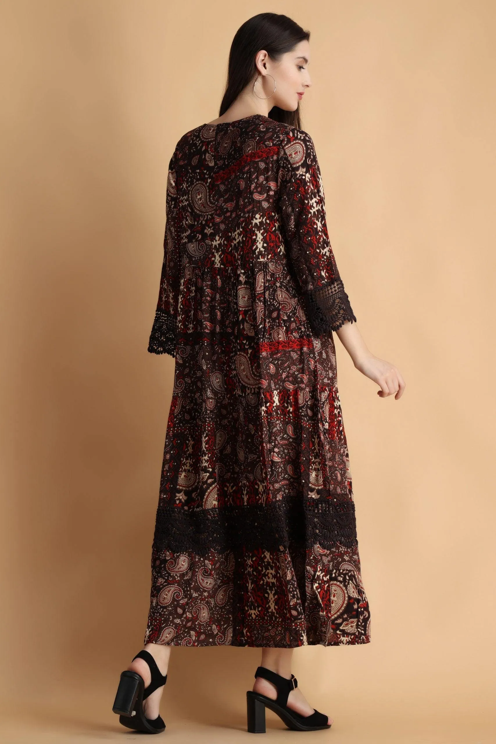 Brown Abstract Printed Dress with Lace