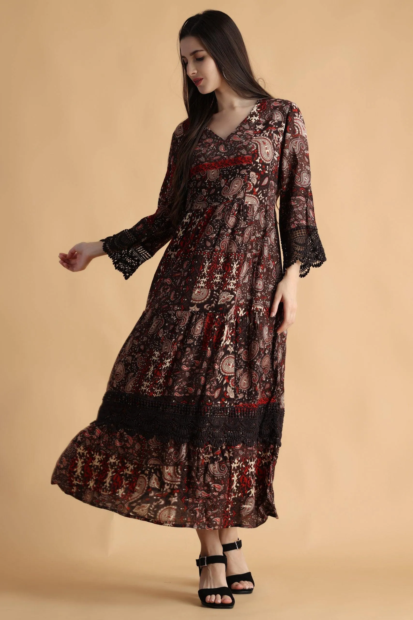 Brown Abstract Printed Dress with Lace