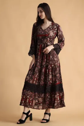 Brown Abstract Printed Dress with Lace